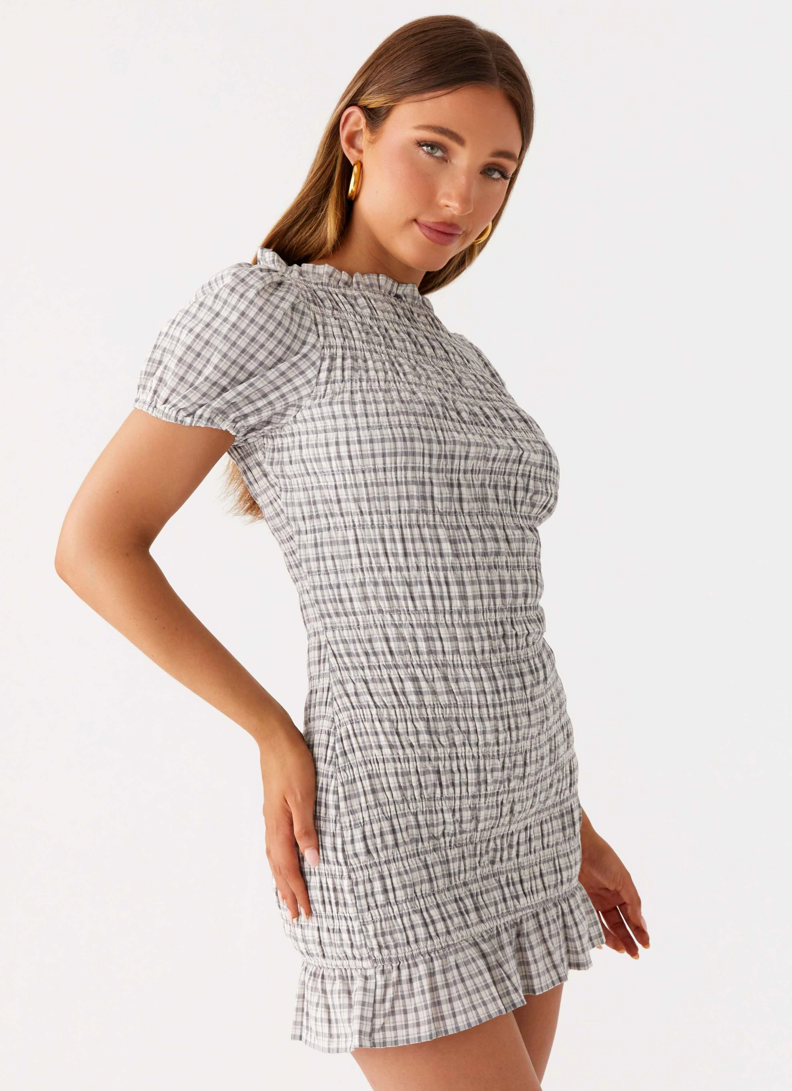 Millicent Ruched Mini Dress - Grey Check Balanced Tones