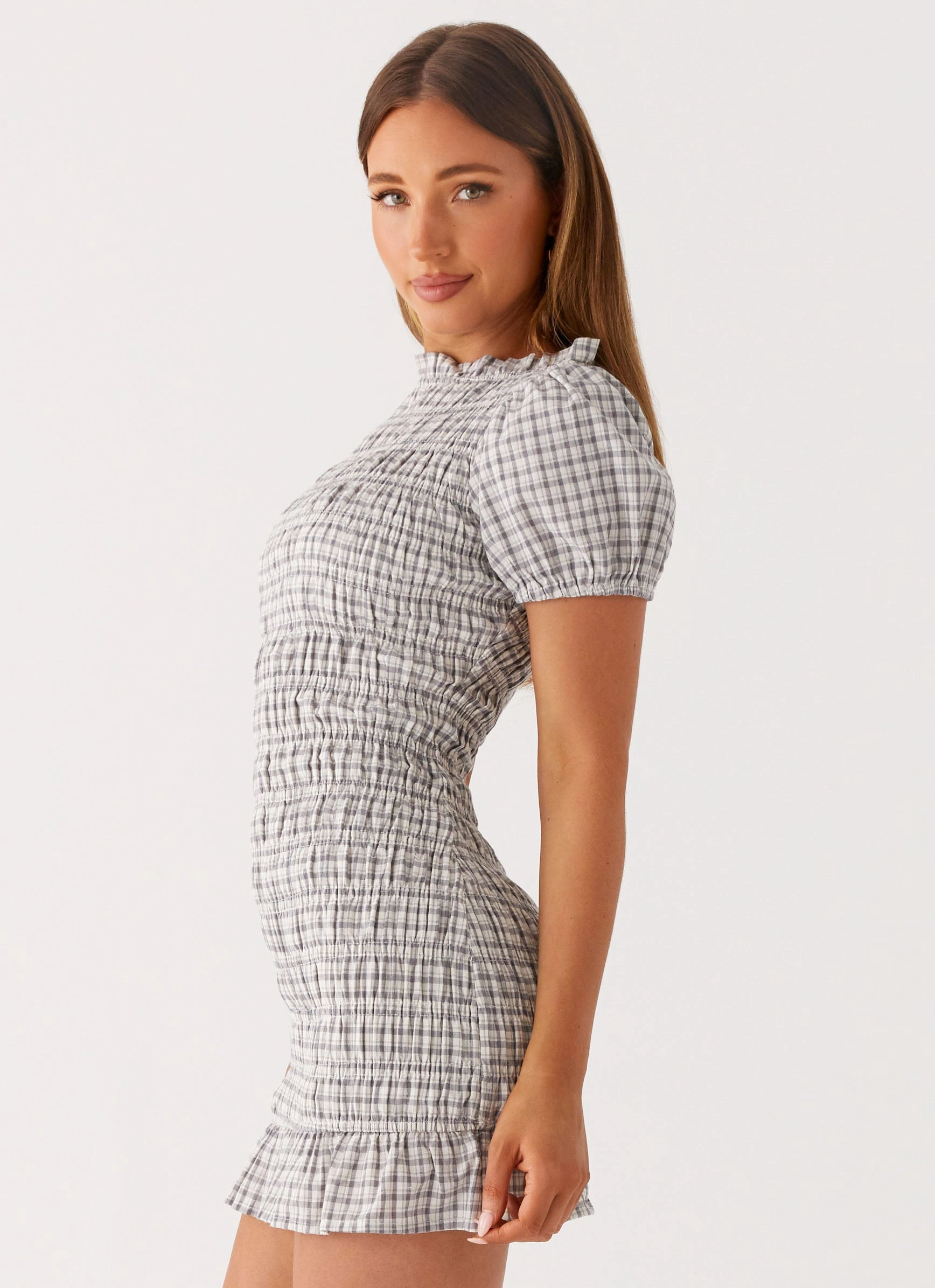 Cool Fabric Millicent Ruched Mini Dress - Grey Check