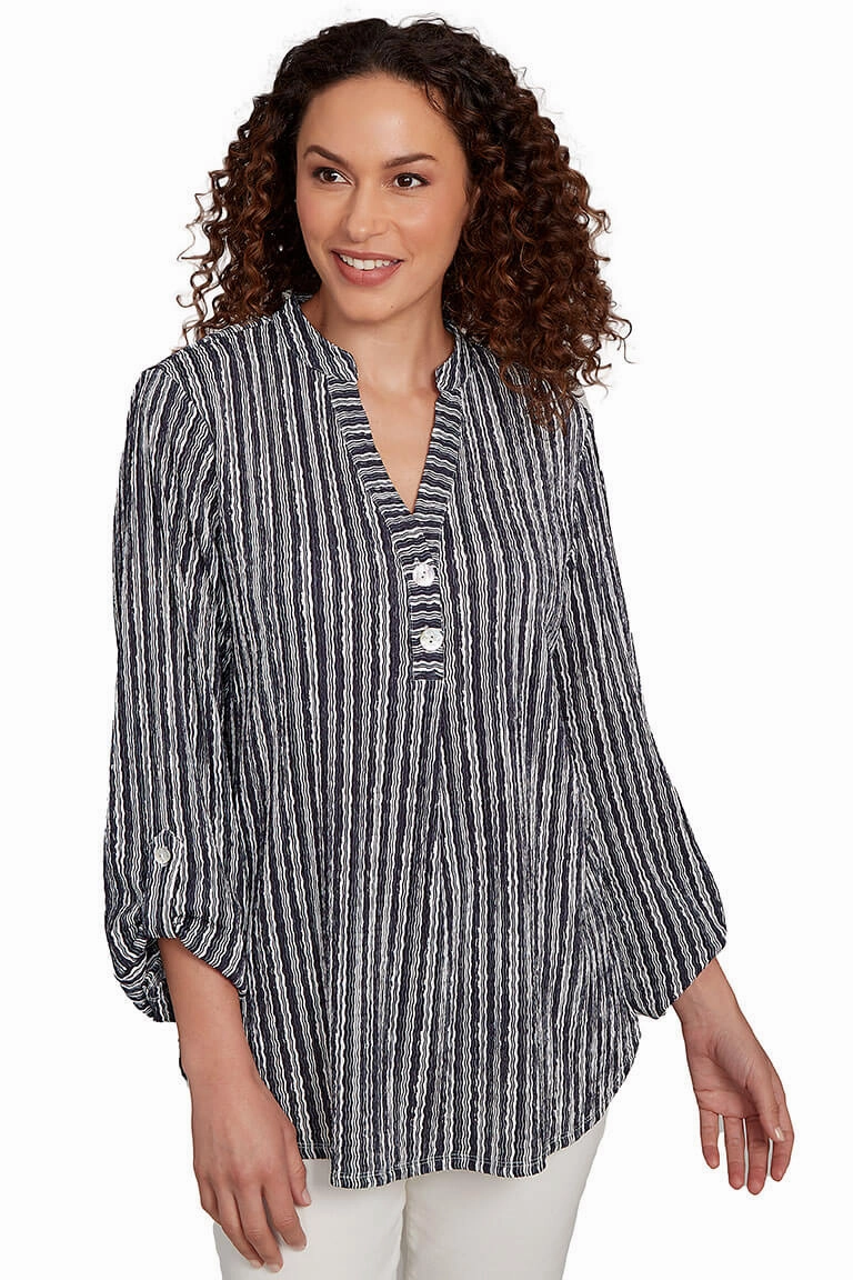 Stripe Right Roll Sleeve Crinkle Top LayeredPanel Zero Waste Production Label