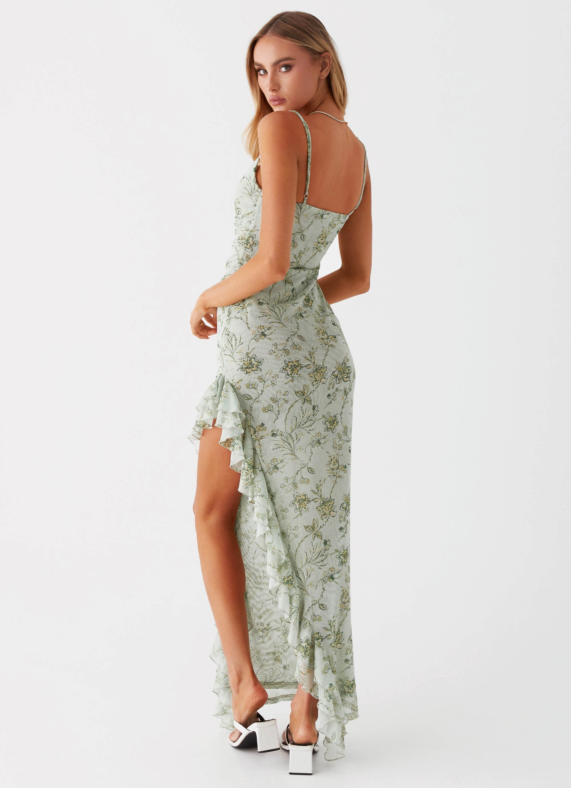 StretchableKnit Lace Accent Princessa Maxi Dress - Sage Floral