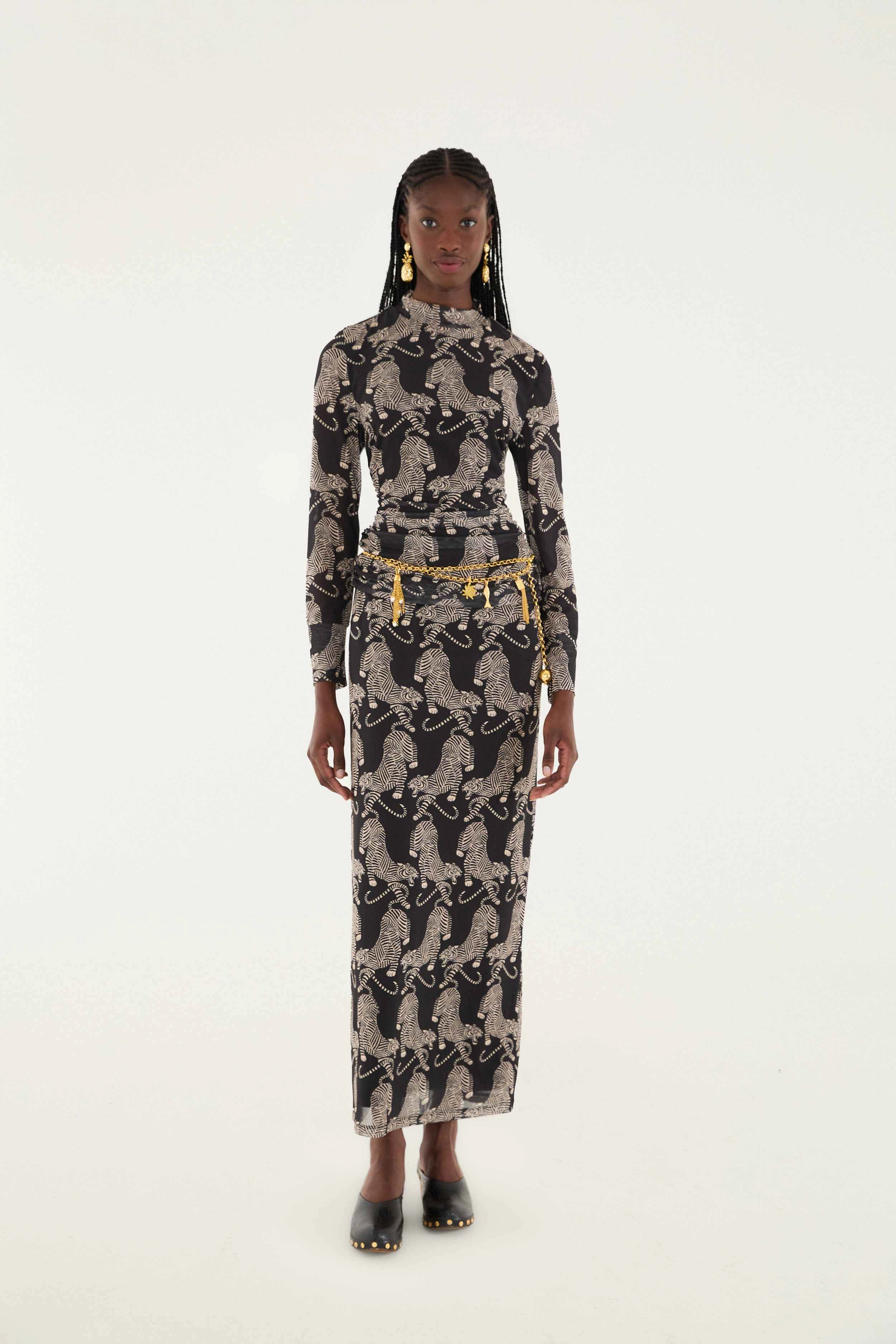 Striped Tigers Tulle Midi Skirt in Black Natural Mood