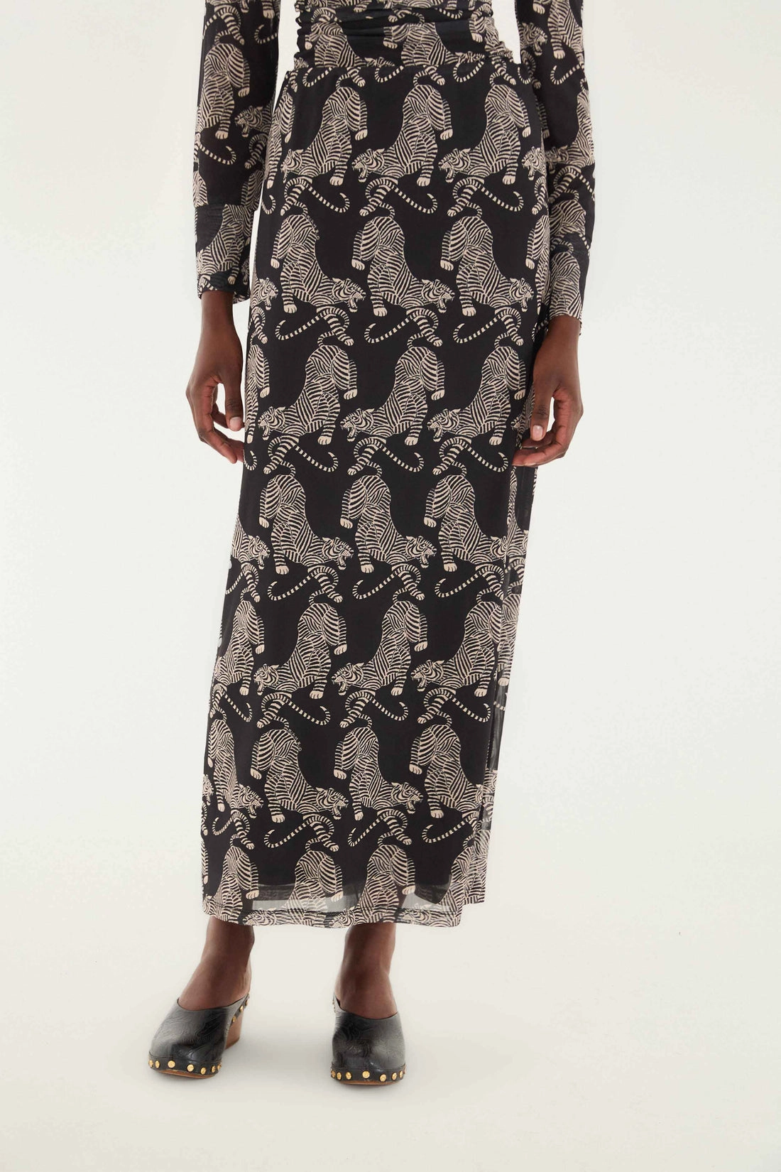 Striped Tigers Tulle Midi Skirt in Black Wool blend
