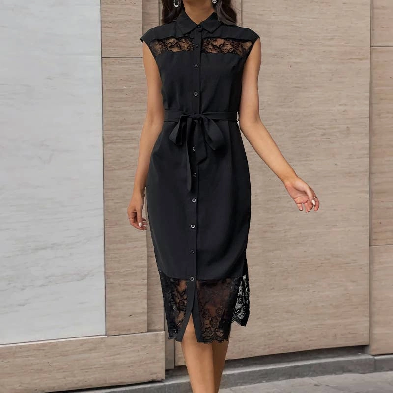 Fresh Combo CHINESE LAPEL LACE PATCHWORK DRESS_CWDSD3973