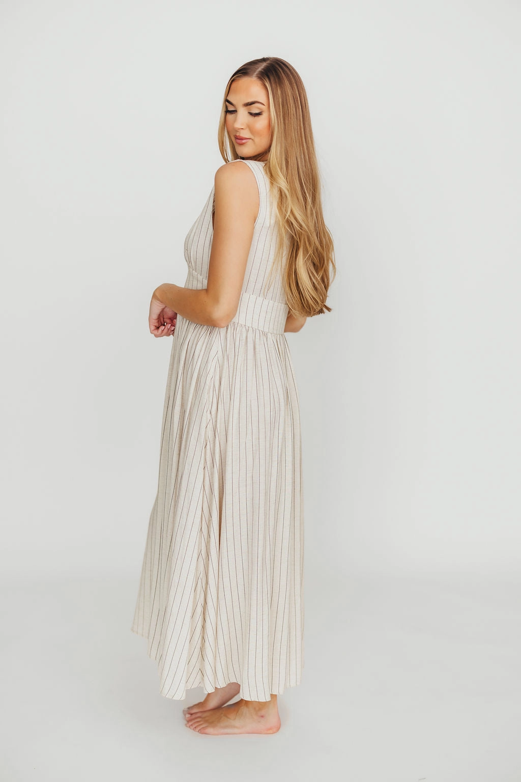 Flattering Shape Design Pippy Button Down Maxi Dress in Natural/Black - Nursing Friendly