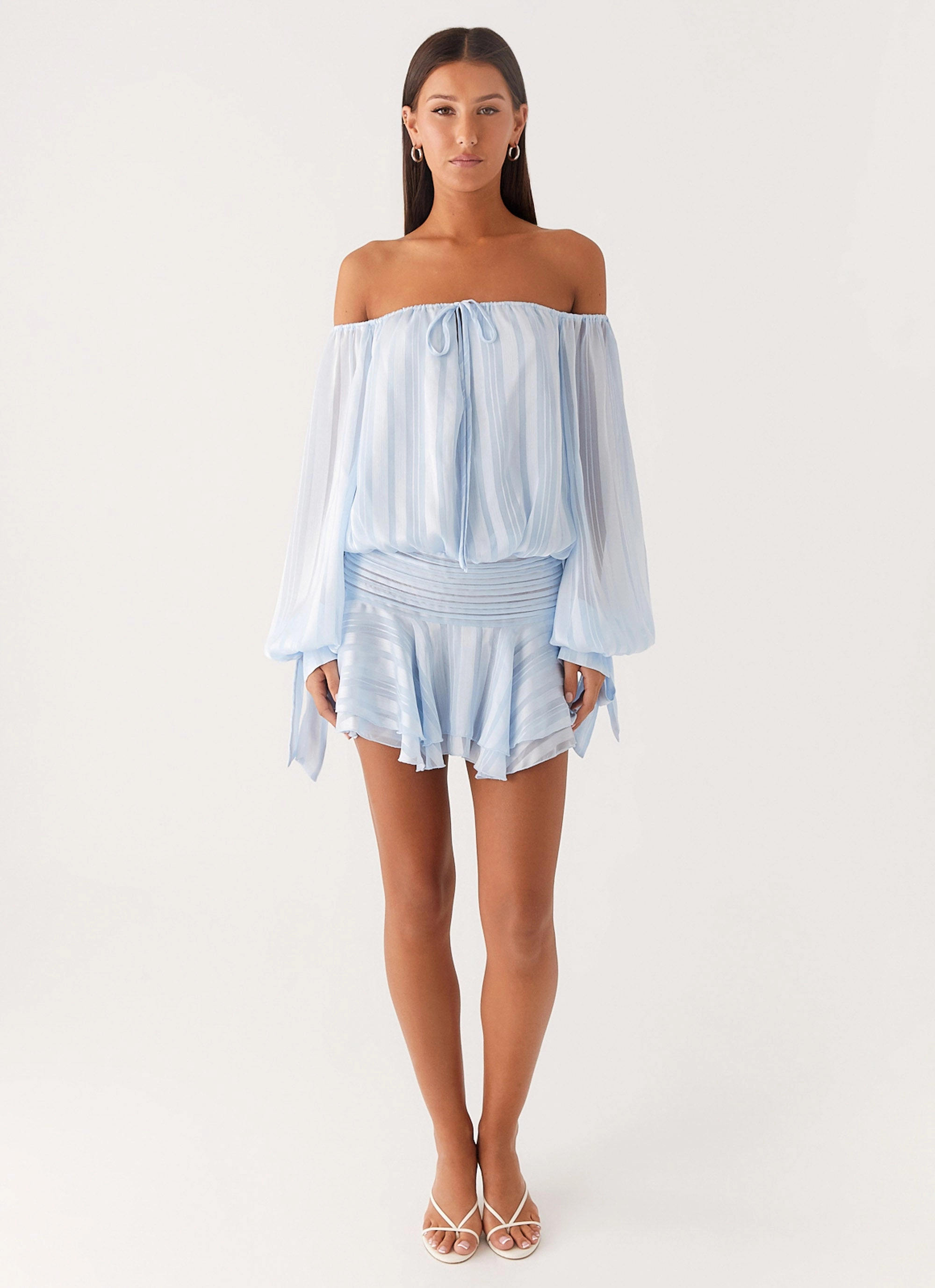 Eira Balloon Sleeve Mini Dress - Baby Blue Outfit Core Light Drape