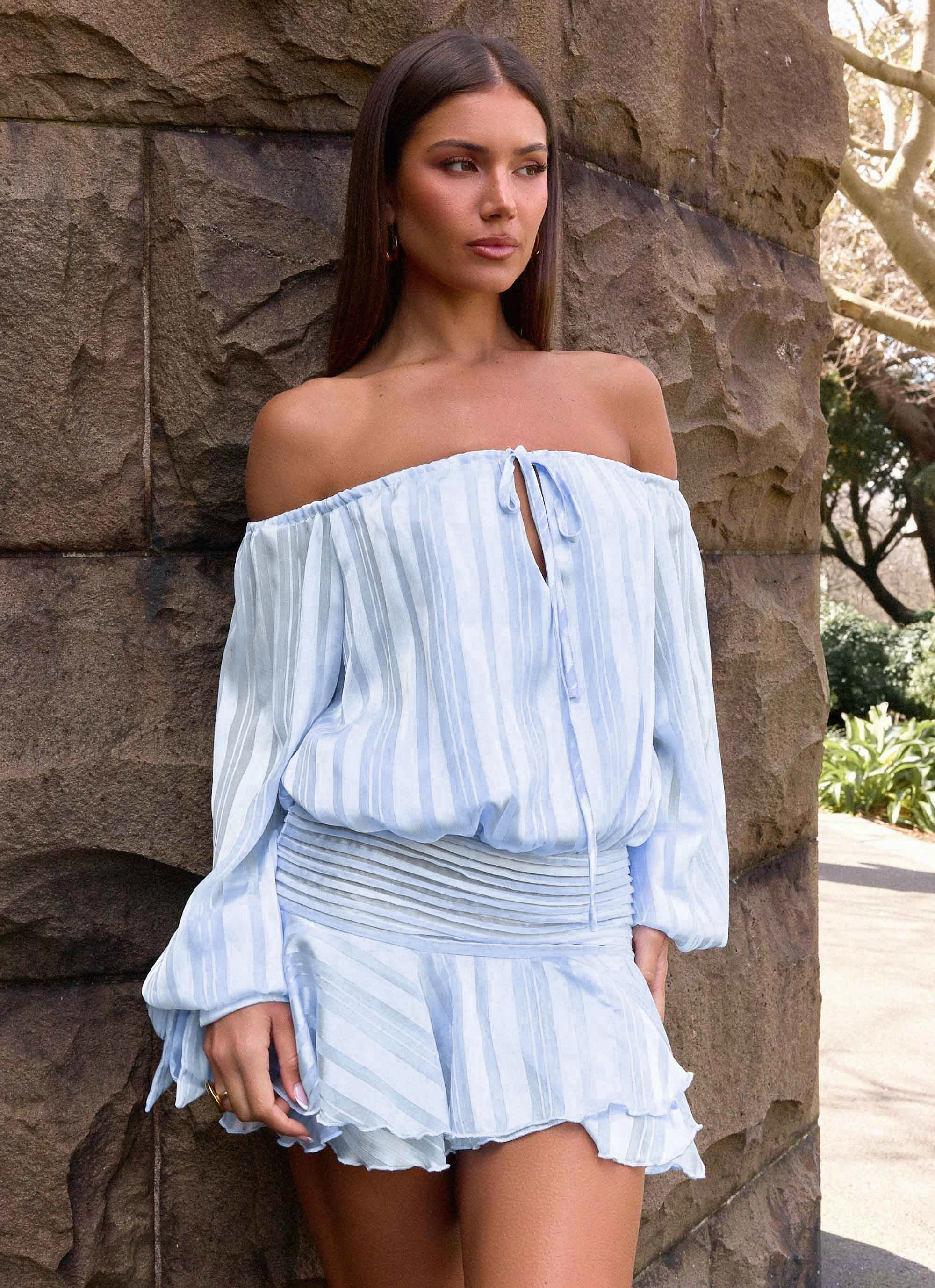 Eira Balloon Sleeve Mini Dress - Baby Blue Travel Light Petite-Size