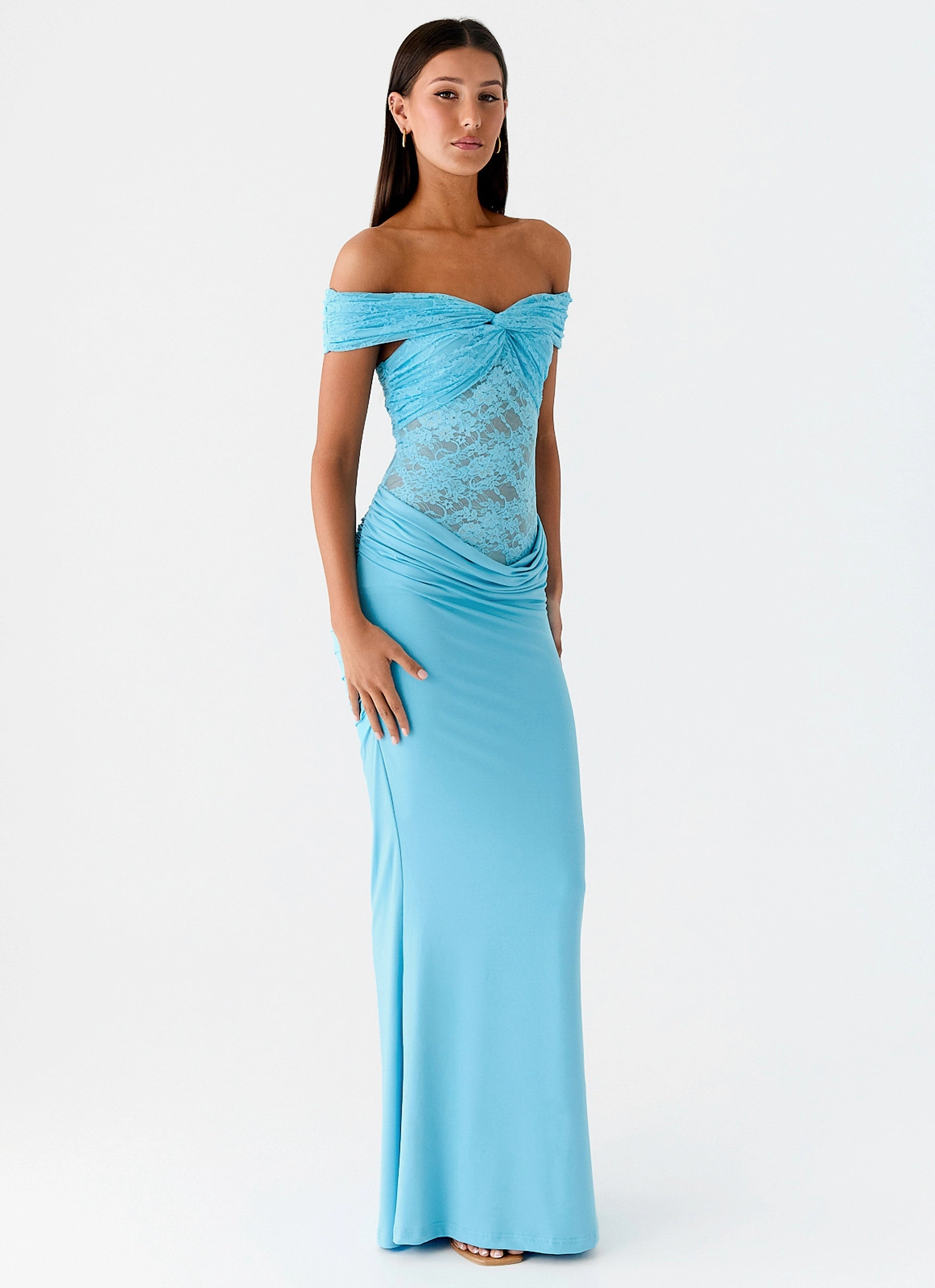 Mesh-Sleeve Either Way Maxi Dress - Turquoise Blue