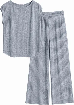 Ekouaer 2 Piece Lounge Sets for Women Matching Summer Outfits Casual Ribbed Knit Cap Sleeve Wide Leg Pants Sets