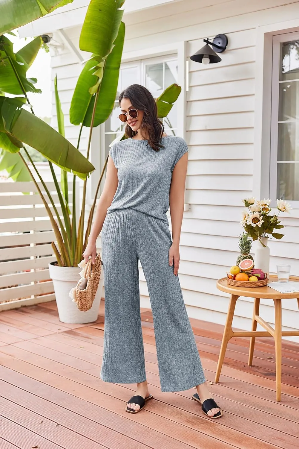 Ekouaer 2 Piece Lounge Sets for Women Matching Summer Outfits Casual Ribbed Knit Cap Sleeve Wide Leg Pants Sets