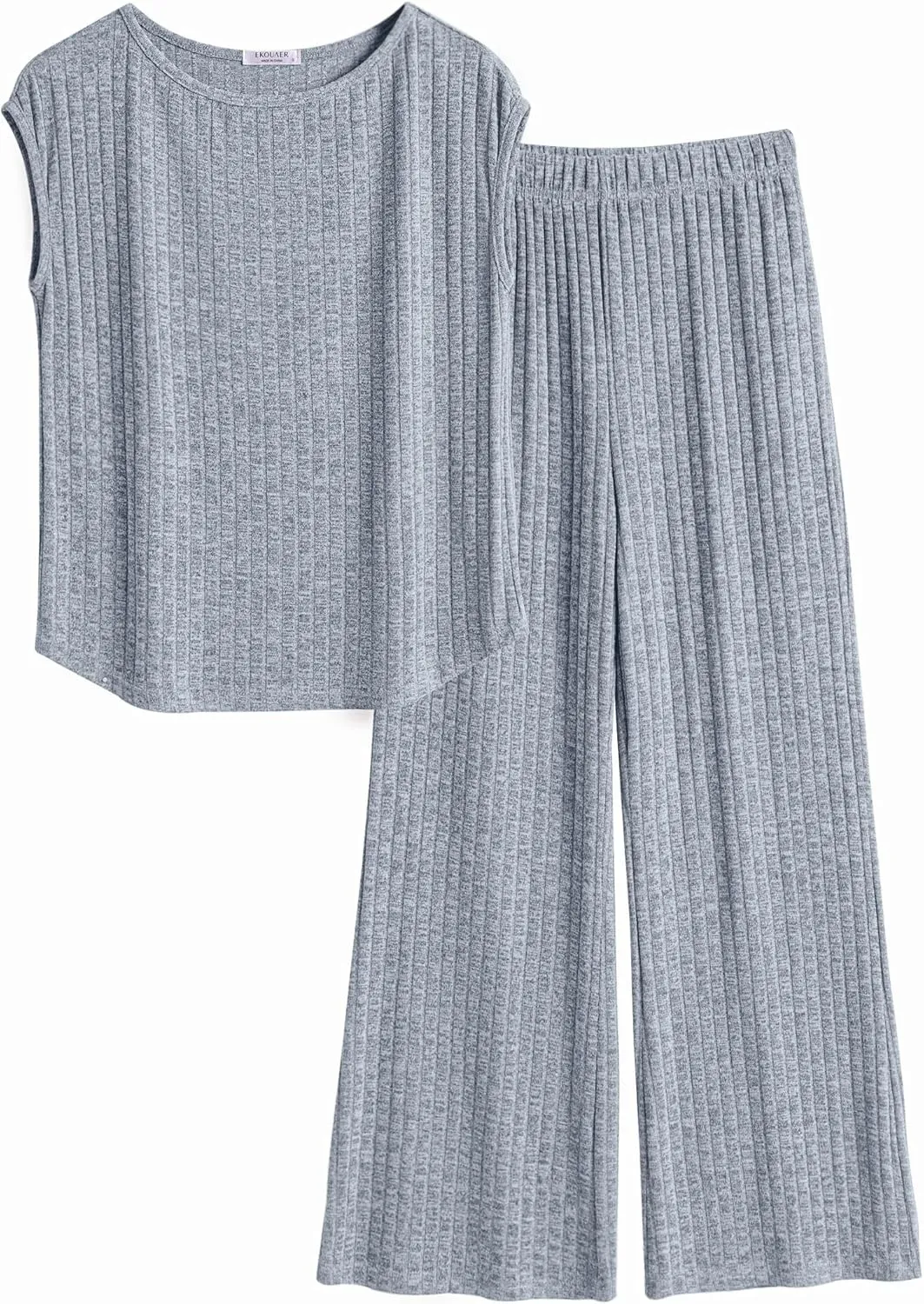 Ekouaer 2 Piece Lounge Sets for Women Matching Summer Outfits Casual Ribbed Knit Cap Sleeve Wide Leg Pants Sets