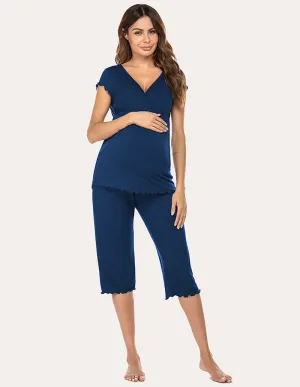 Ekouaer Layered Maternity Nursing Pajama Capri Set (US Only)