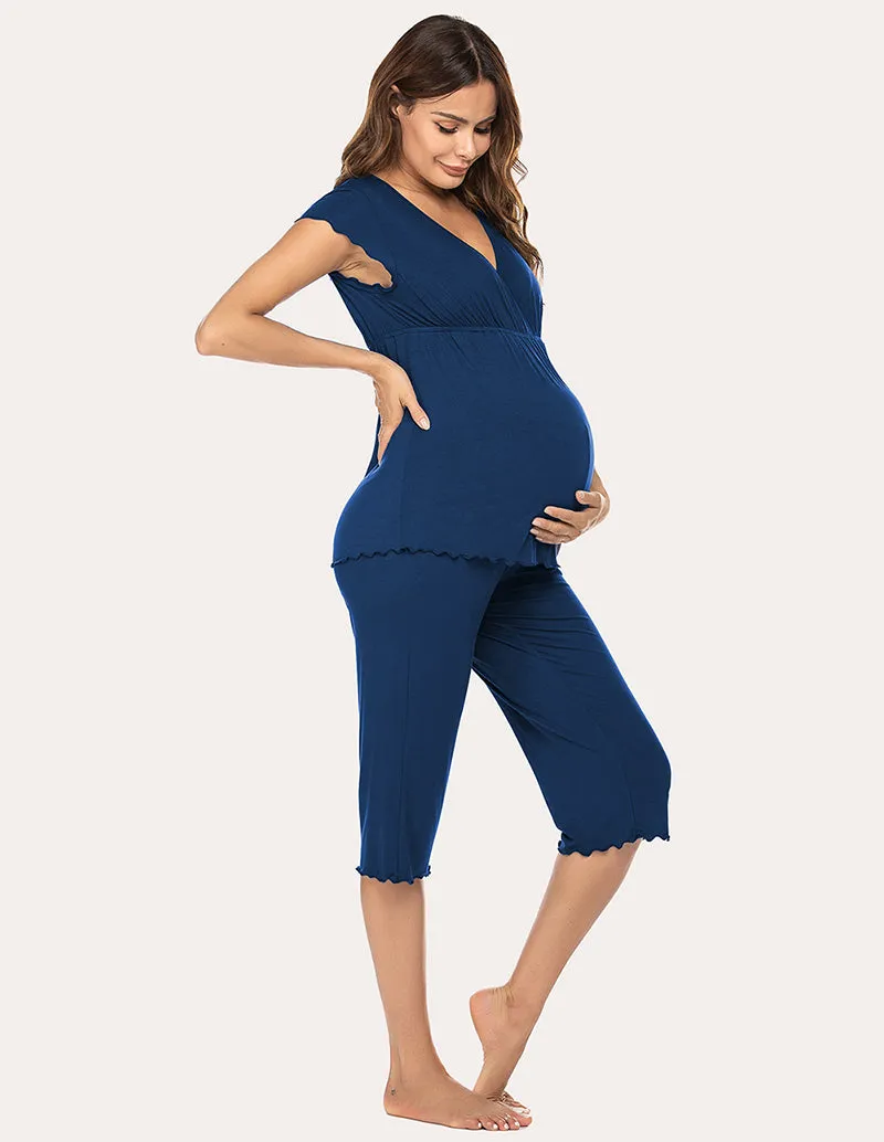 Ekouaer Layered Maternity Nursing Pajama Capri Set (US Only)