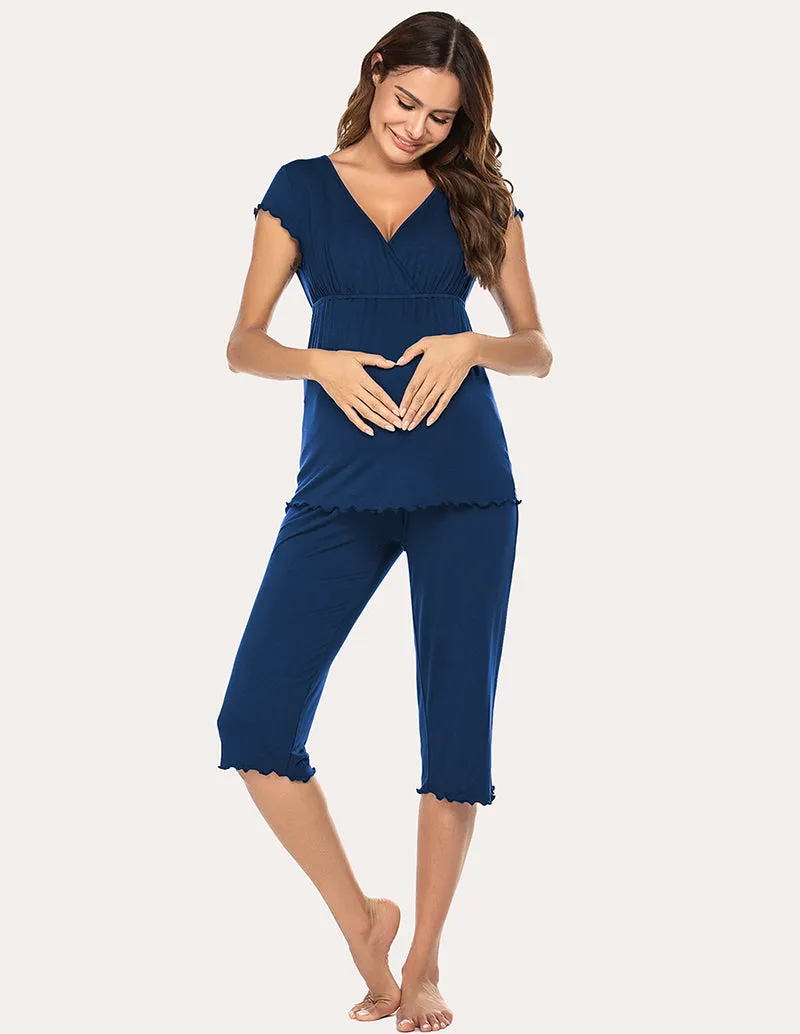 Ekouaer Layered Maternity Nursing Pajama Capri Set (US Only)