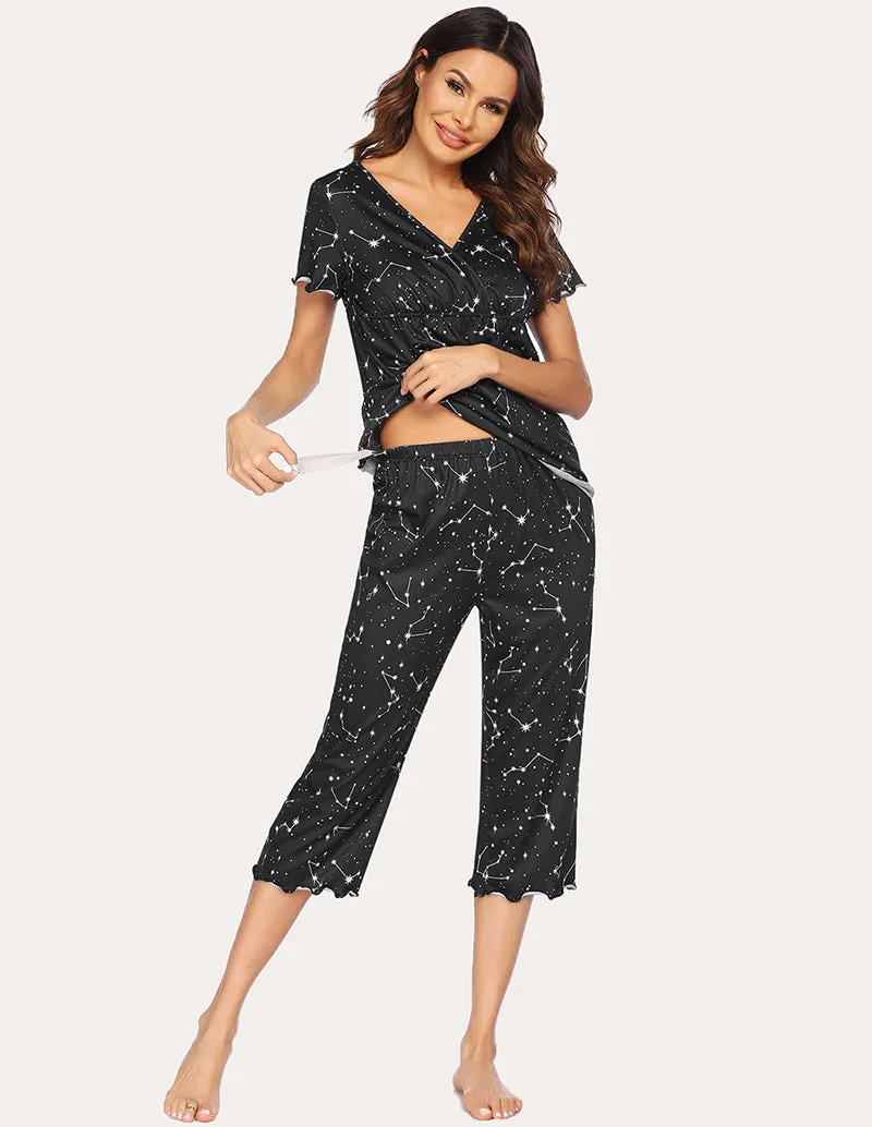Ekouaer Layered Maternity Nursing Pajama Capri Set (US Only)