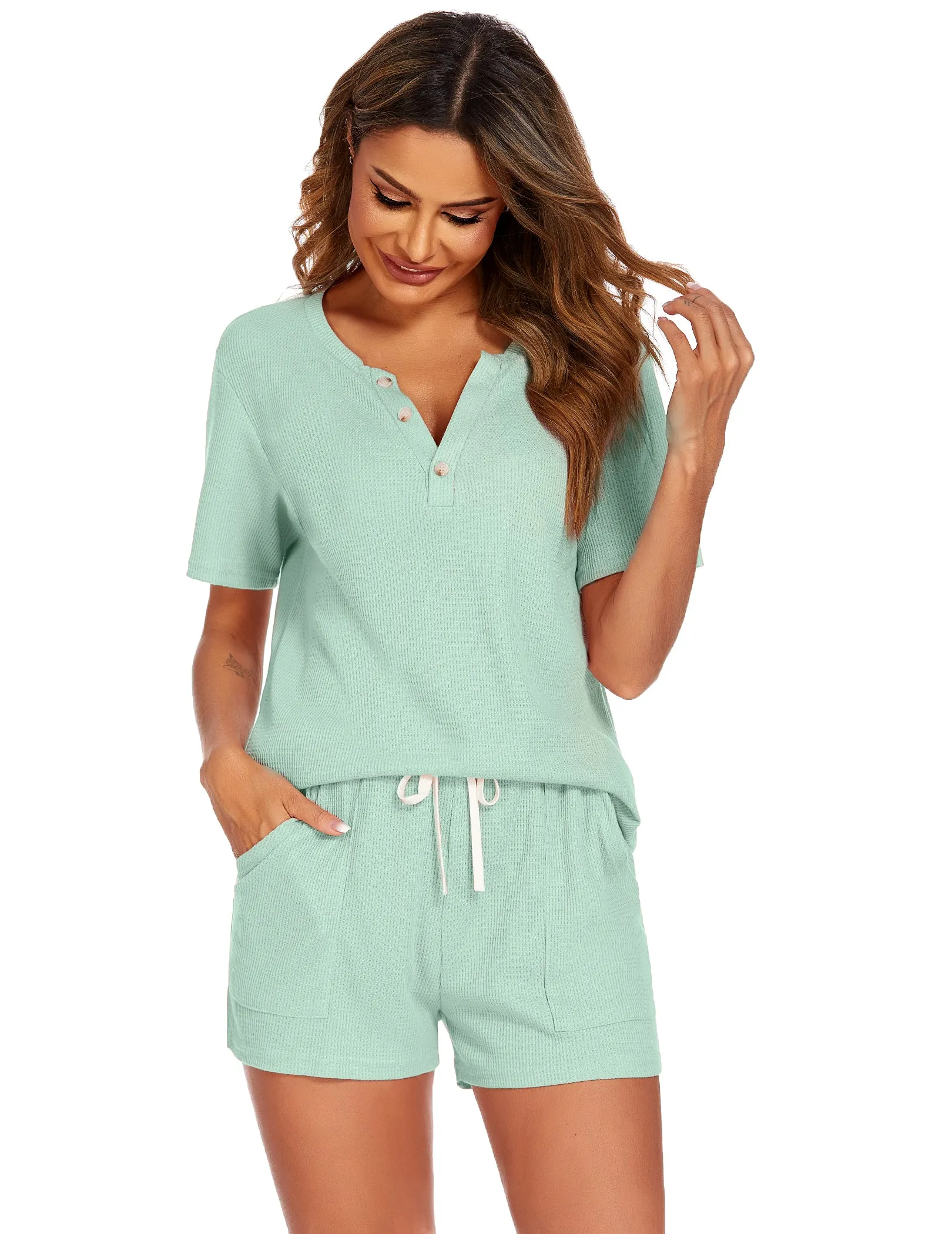 Ekouaer Short Sleeve Button Down Loungewear Set (US Only)