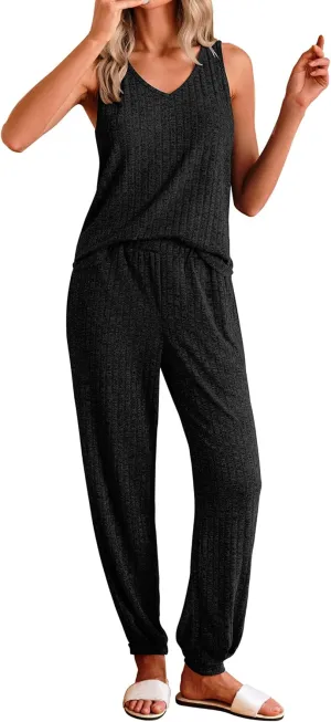 Ekouaer Women's Pajamas Sleeveless Summer Lounge Set Ribbed Knit Pj Loungewear Soft Tank Sleepwear Nightwear S-XXL
