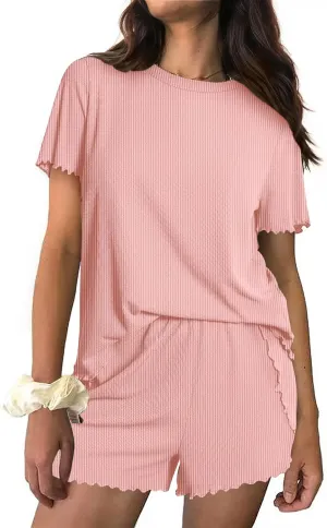 Ekouaer Womens Ribbed Knit Pajama Sets Short Sleeve Top and Shorts Lounge Set Loungewear