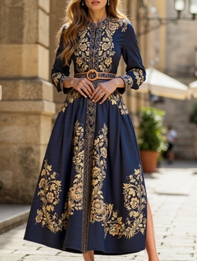 RETRO PALACE STYLE PRINT STAND COLLAR SLIT DRESS Perfect Shape