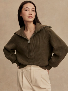 Varley Maura Half-Zip Rib Knit in Olive Night Reflective accents
