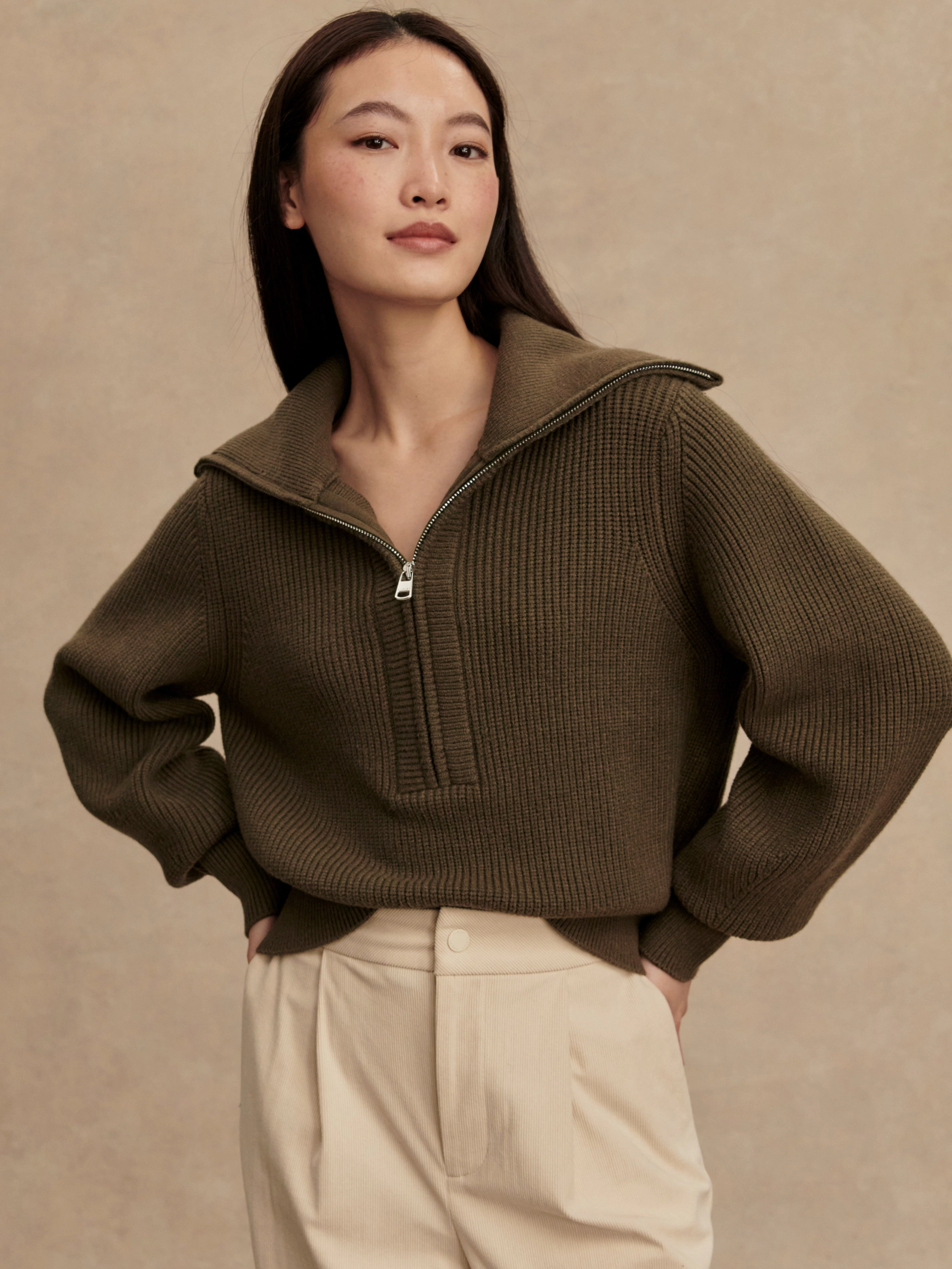 Varley Maura Half-Zip Rib Knit in Olive Night NoSlipGripperBand