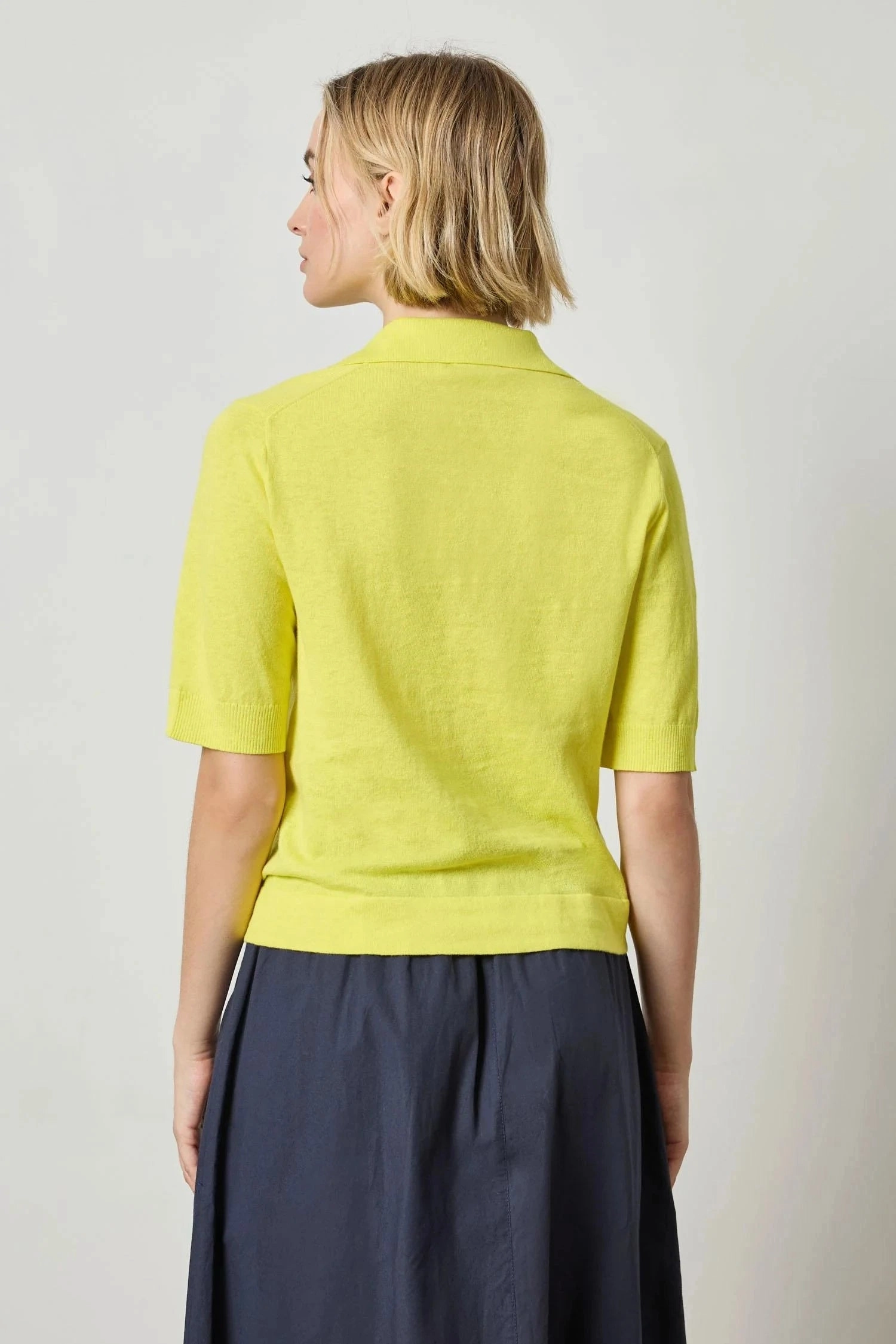 Elbow Sleeve Polo Sweater Lemon Button Down Collar