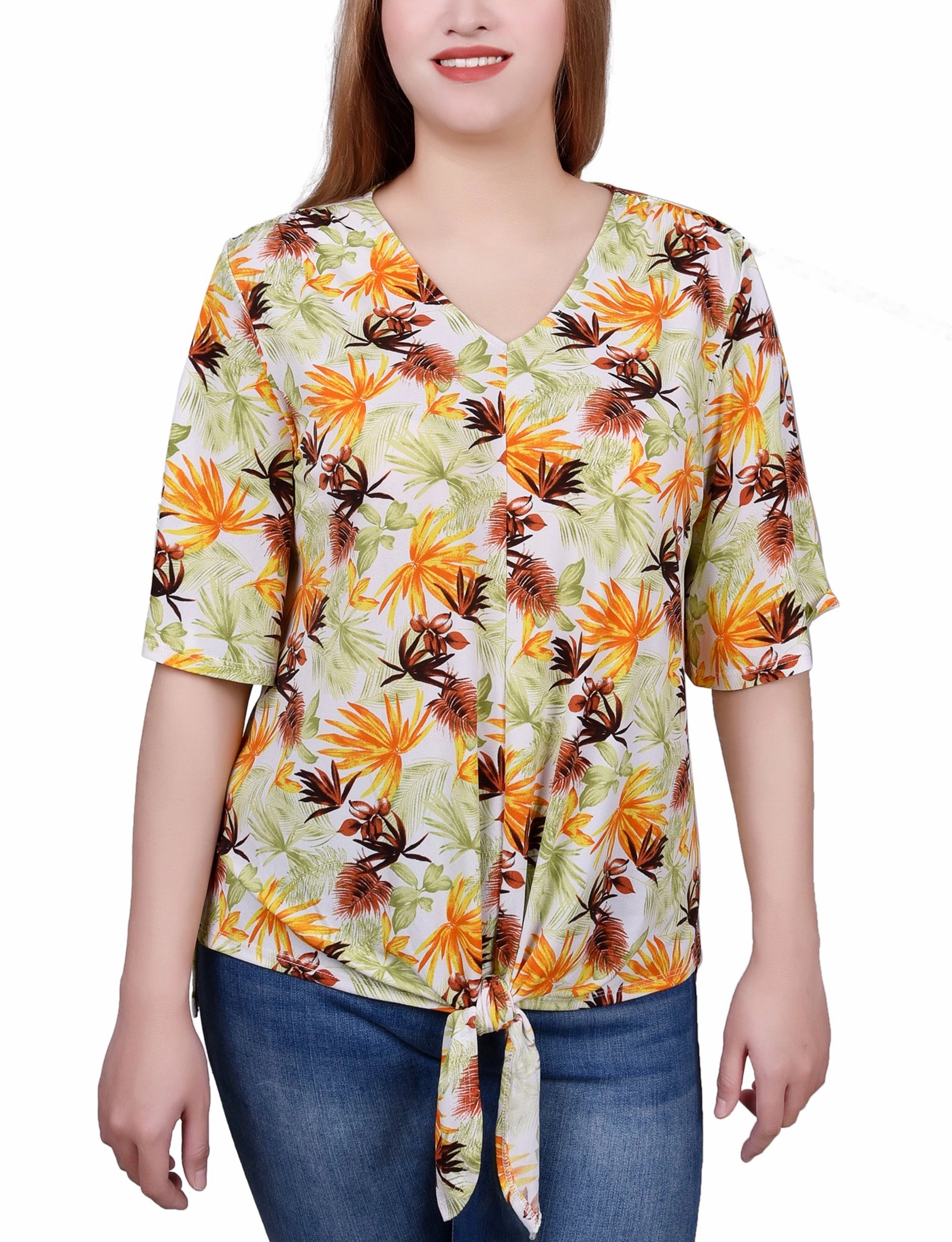 BoxySilhouette AntiSnag Fabric Elbow Sleeve Tie-Front Top