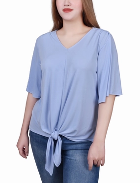 DoubleStitching NoiseReduciting Zipper Elbow Sleeve Tie-Front Top