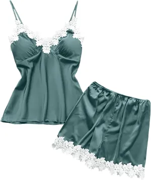 Elegant Women Sleepwear Lace Trim Chemise Sexy Nightgown Spaghetti Strap Camisole Lightweight Loungewear Satin
