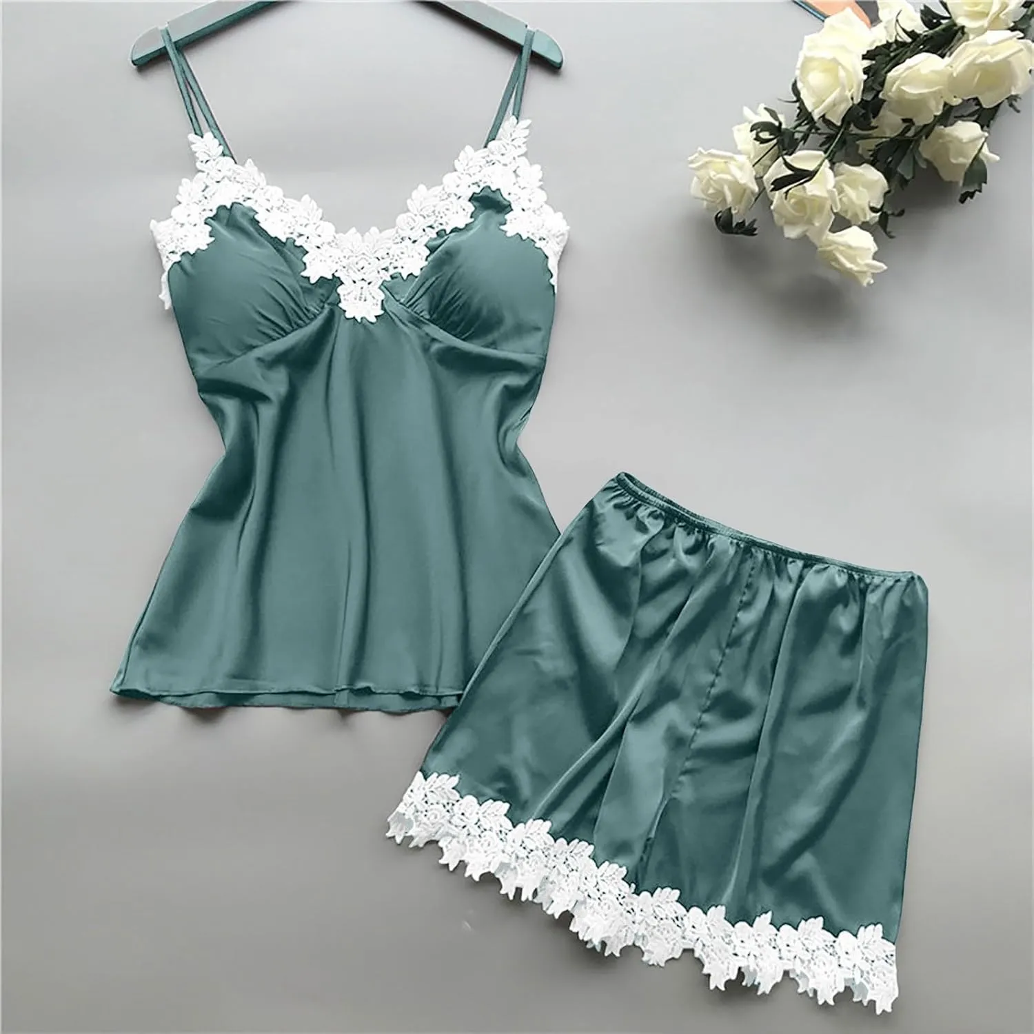 Elegant Women Sleepwear Lace Trim Chemise Sexy Nightgown Spaghetti Strap Camisole Lightweight Loungewear Satin