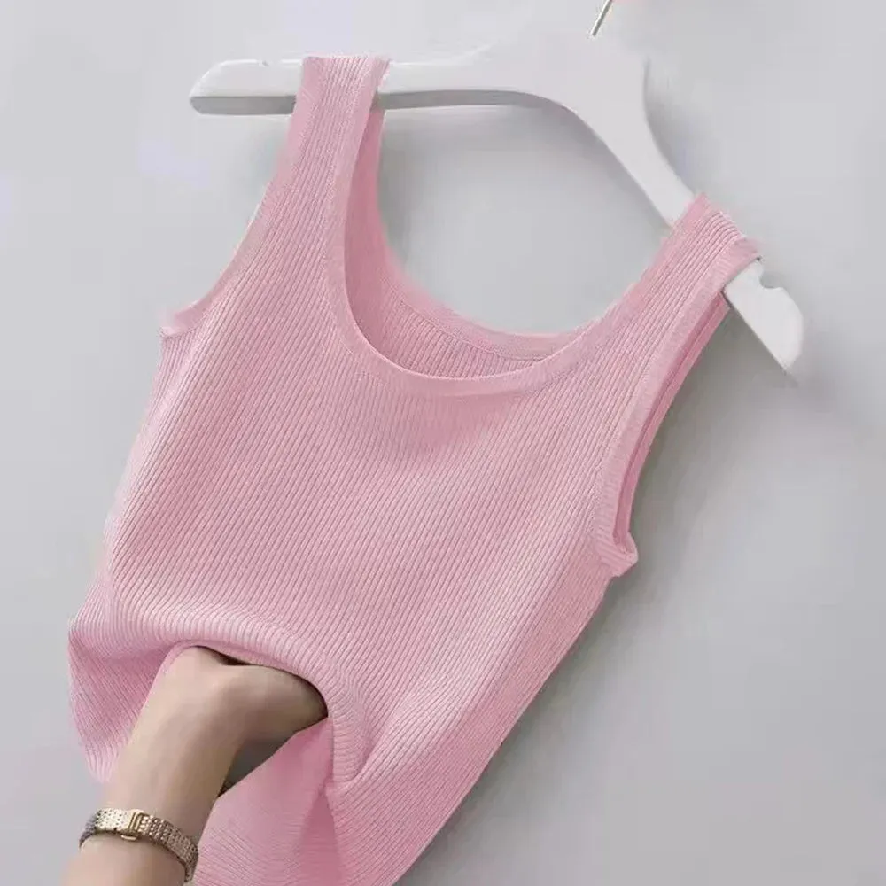 Elegant Women's Ice Silk Sleeveless Camisole - Soft, Casual Summer Tank Top with Solid Knit Design