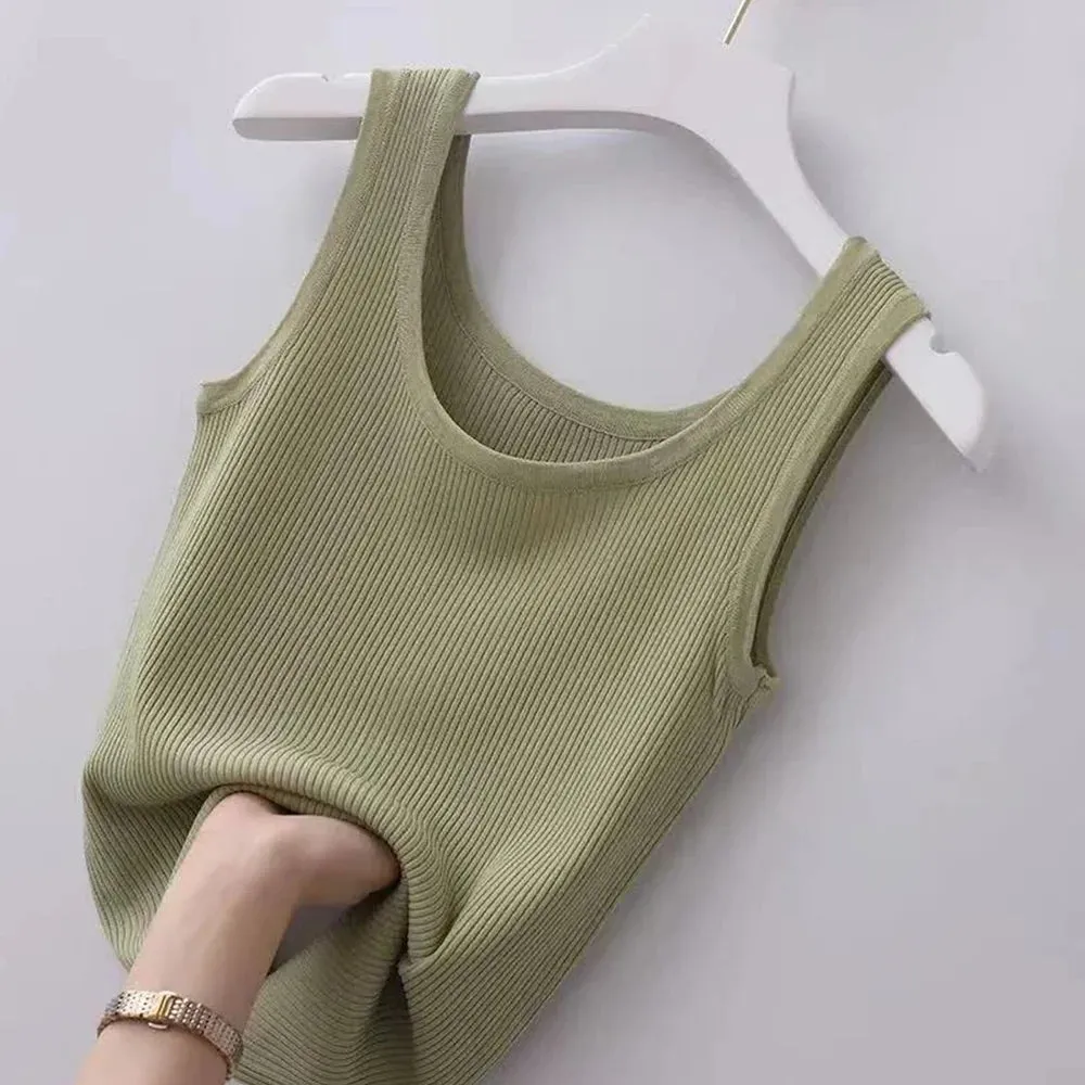 Elegant Women's Ice Silk Sleeveless Camisole - Soft, Casual Summer Tank Top with Solid Knit Design