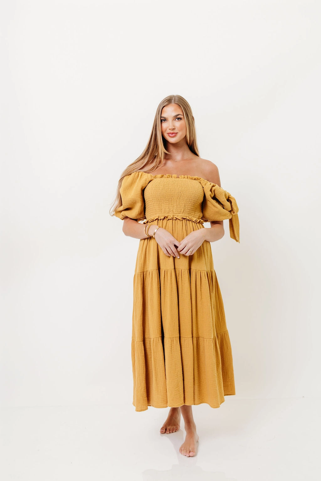 Elena 100% Cotton Midi Dress in Dusty Mustard *10/6 PRE-ORDER* Front Ruffle Simplistic Mood