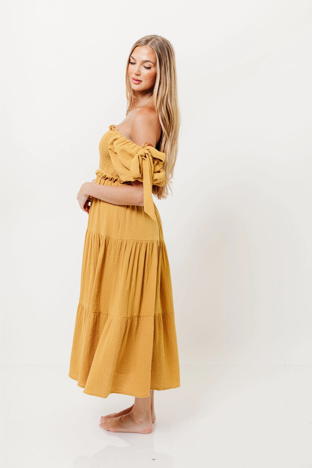 Elena 100% Cotton Midi Dress in Dusty Mustard *10/6 PRE-ORDER* Mixed Fabric