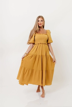 Statement-Print Elena 100% Cotton Midi Dress in Dusty Mustard *10/6 PRE-ORDER*