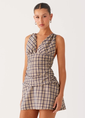 Relax Line Belted-Style Tablo Drop Waist Mini Dress - Check Print