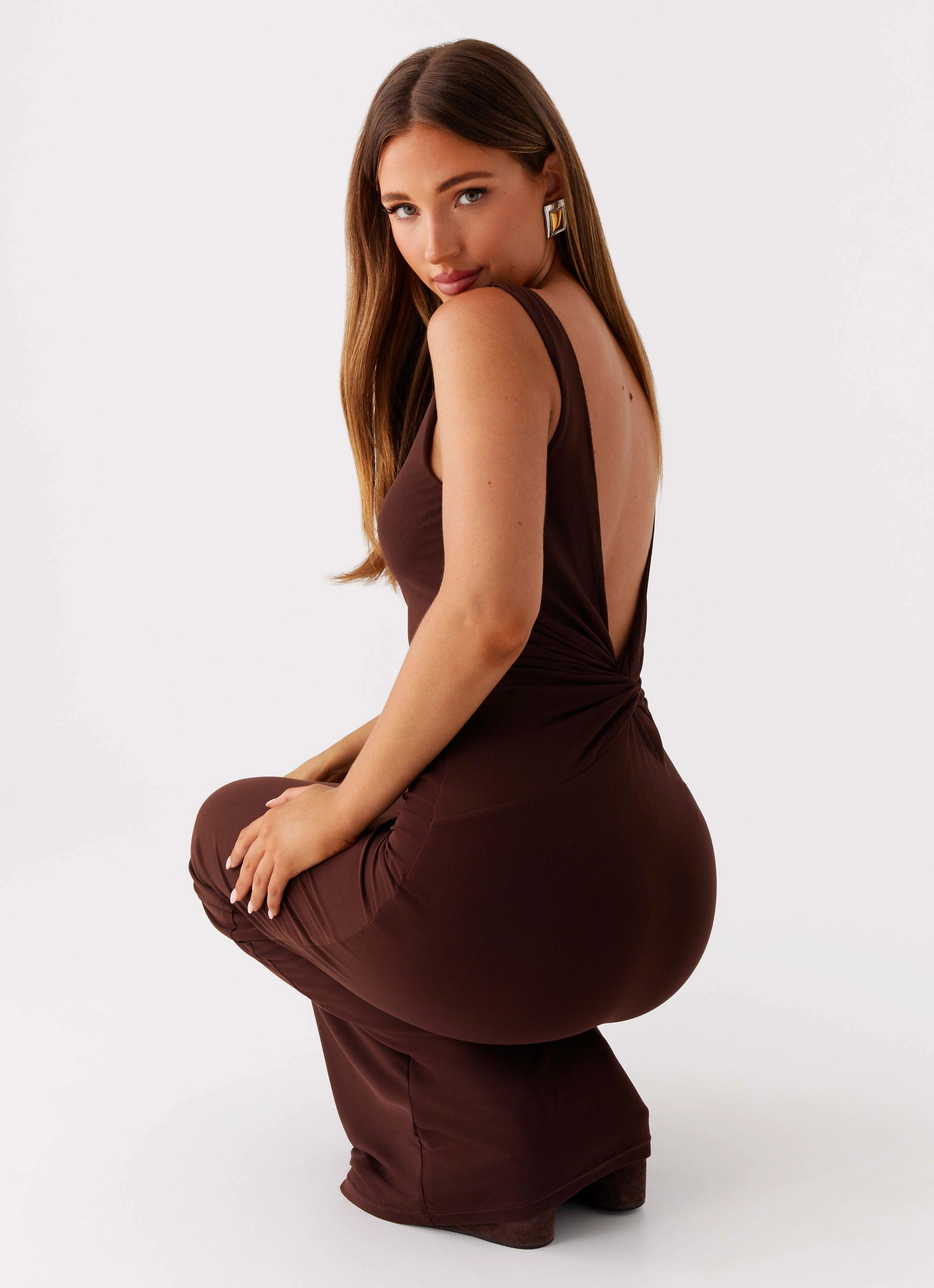 Knit Warm Mesh-Detail Earthbound Muse Maxi Dress - Chocolate