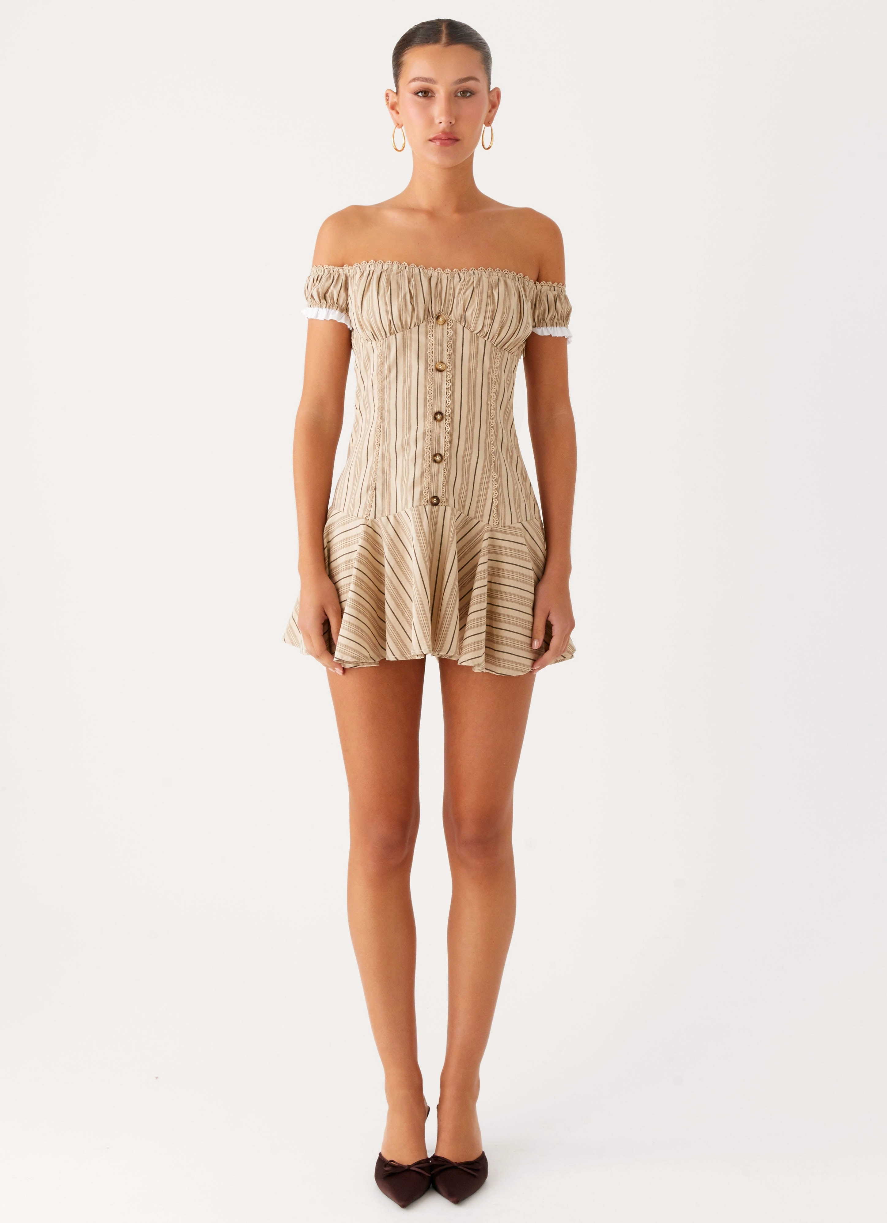 Jumana Off Shoulder Mini Dress - Off White Stripe Weekend Style