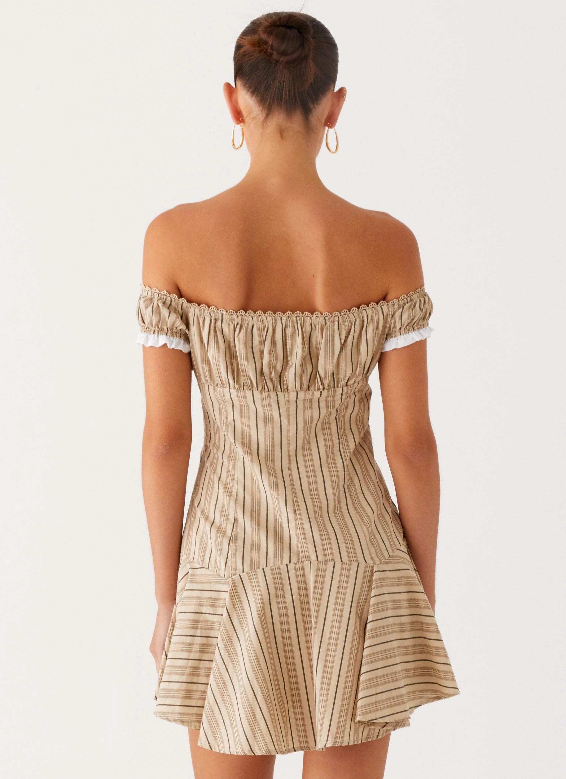 Noble Aura Style Base Jumana Off Shoulder Mini Dress - Off White Stripe