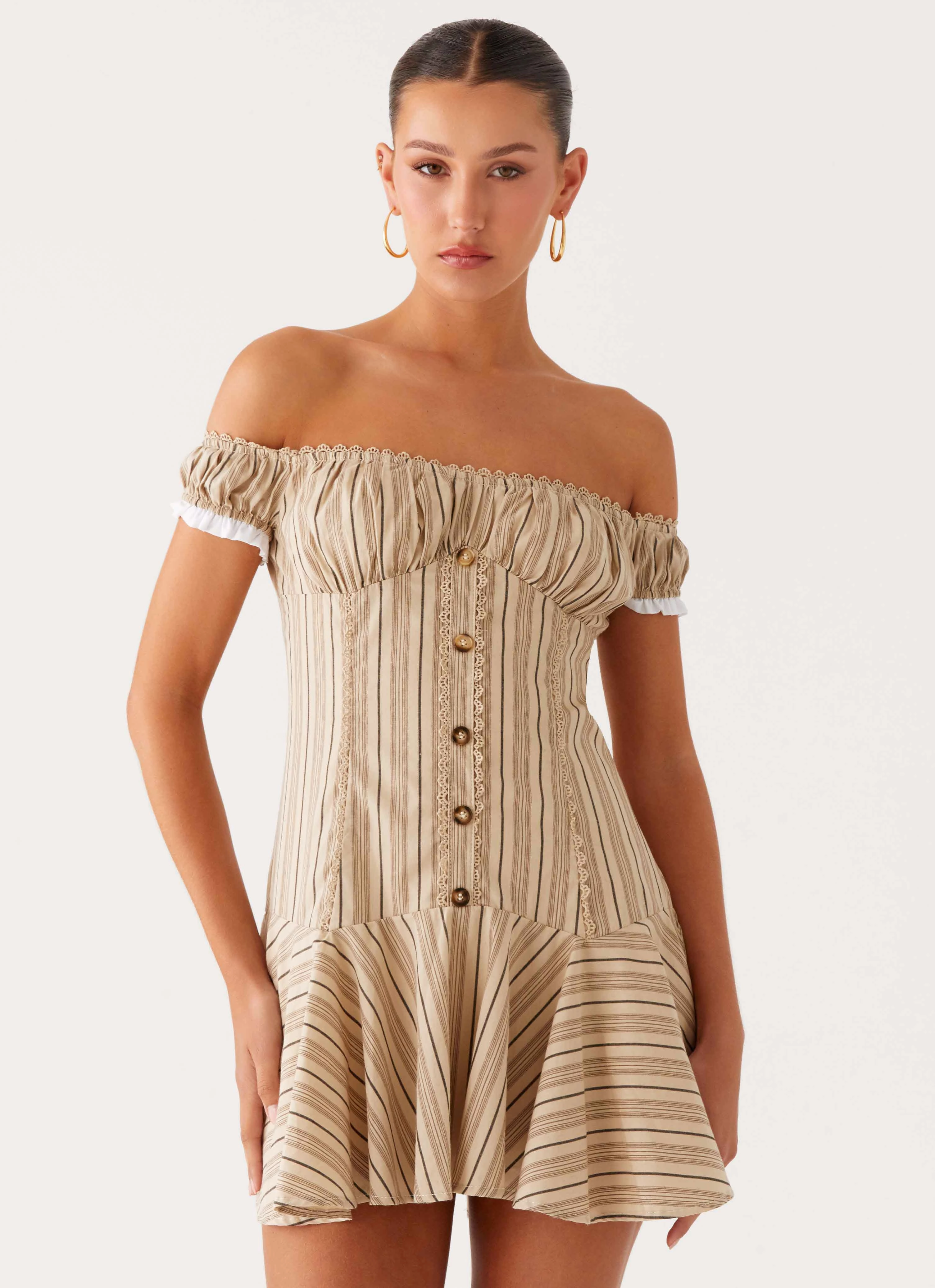 Jumana Off Shoulder Mini Dress - Off White Stripe Semi Formal Trend Smart