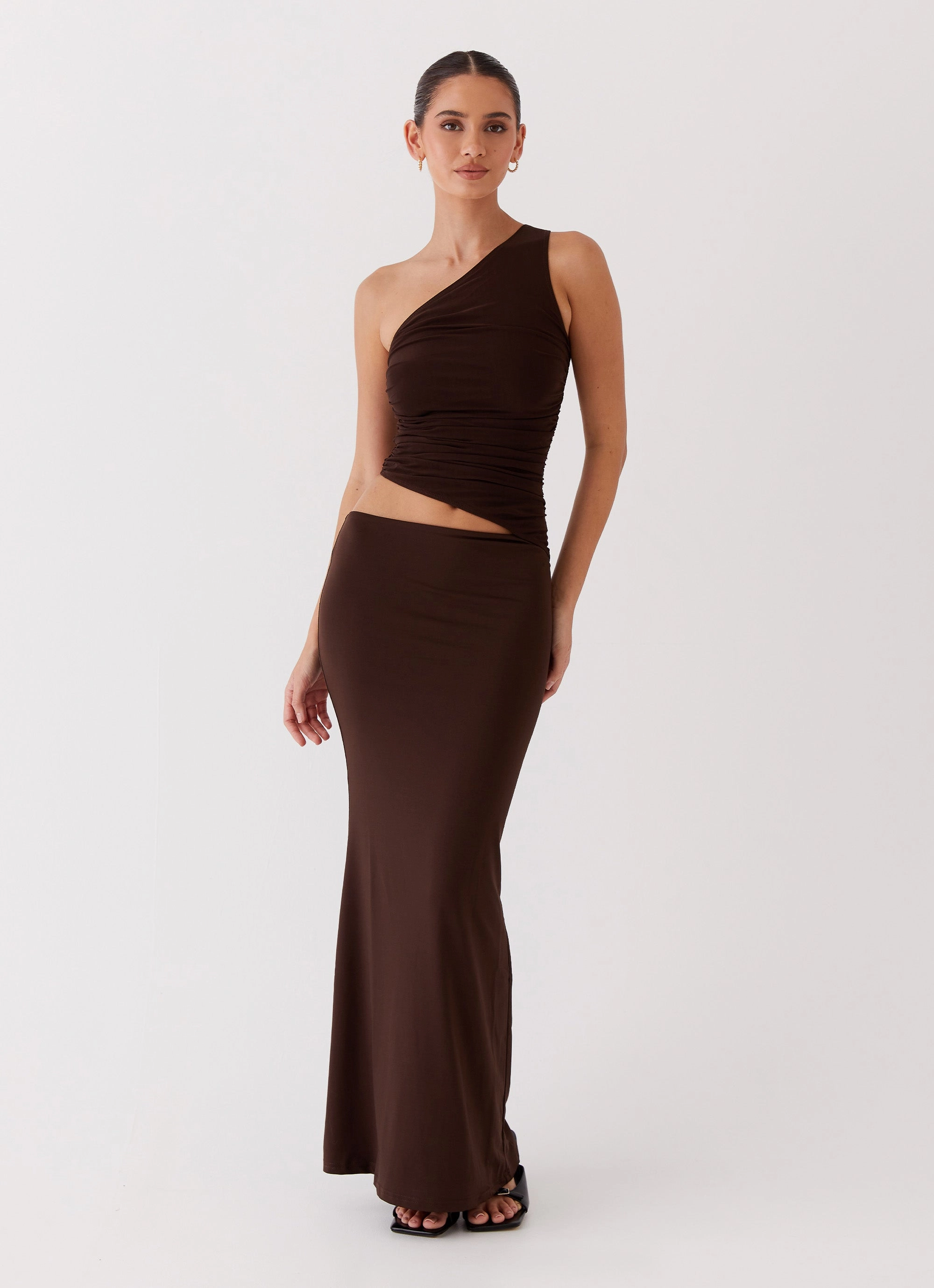 Seranella One Shoulder Maxi Dress - Chocolate Perfect Style Wear Tonal-Panel