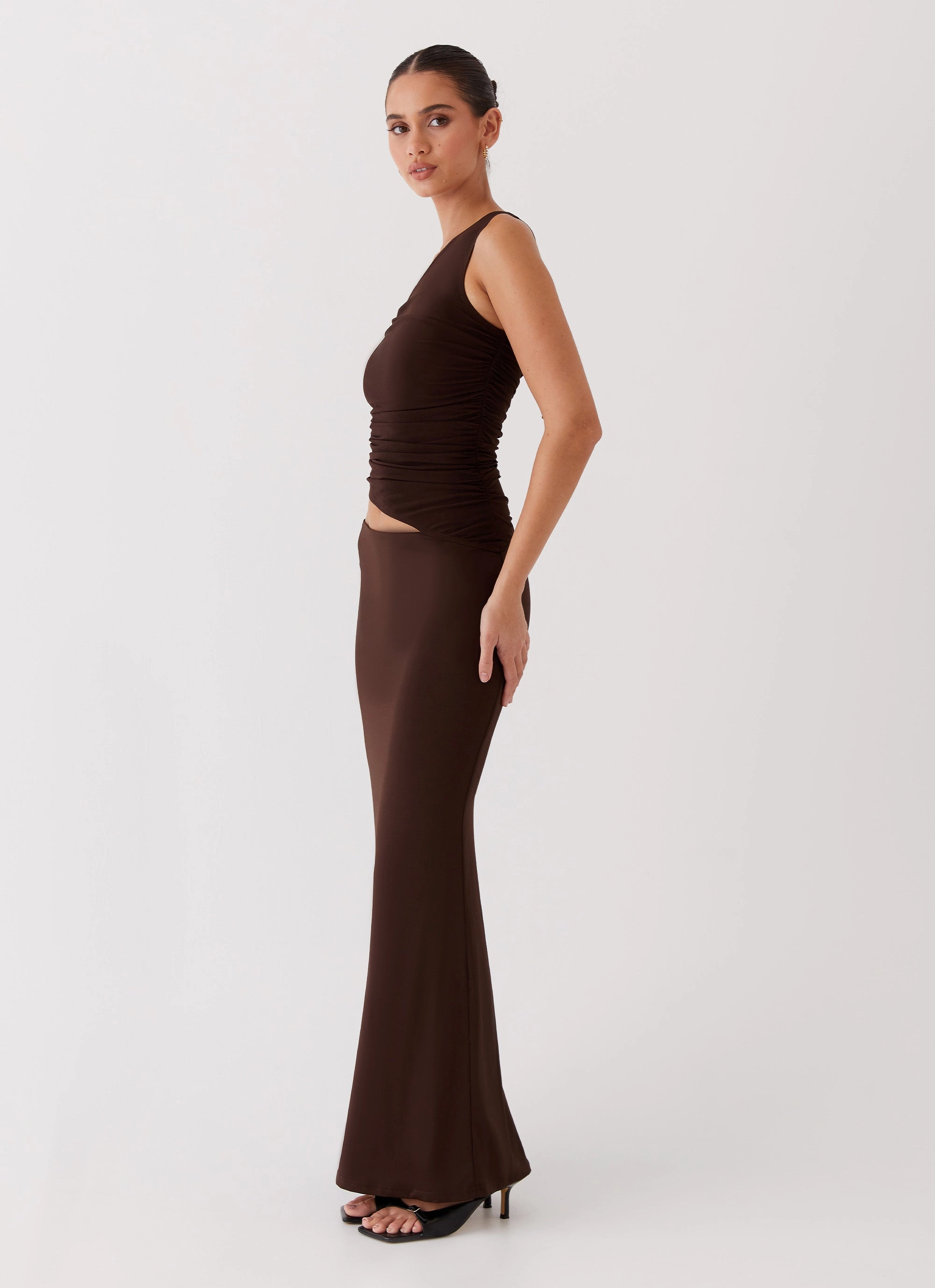 Seranella One Shoulder Maxi Dress - Chocolate Minimalist Waistband Collared