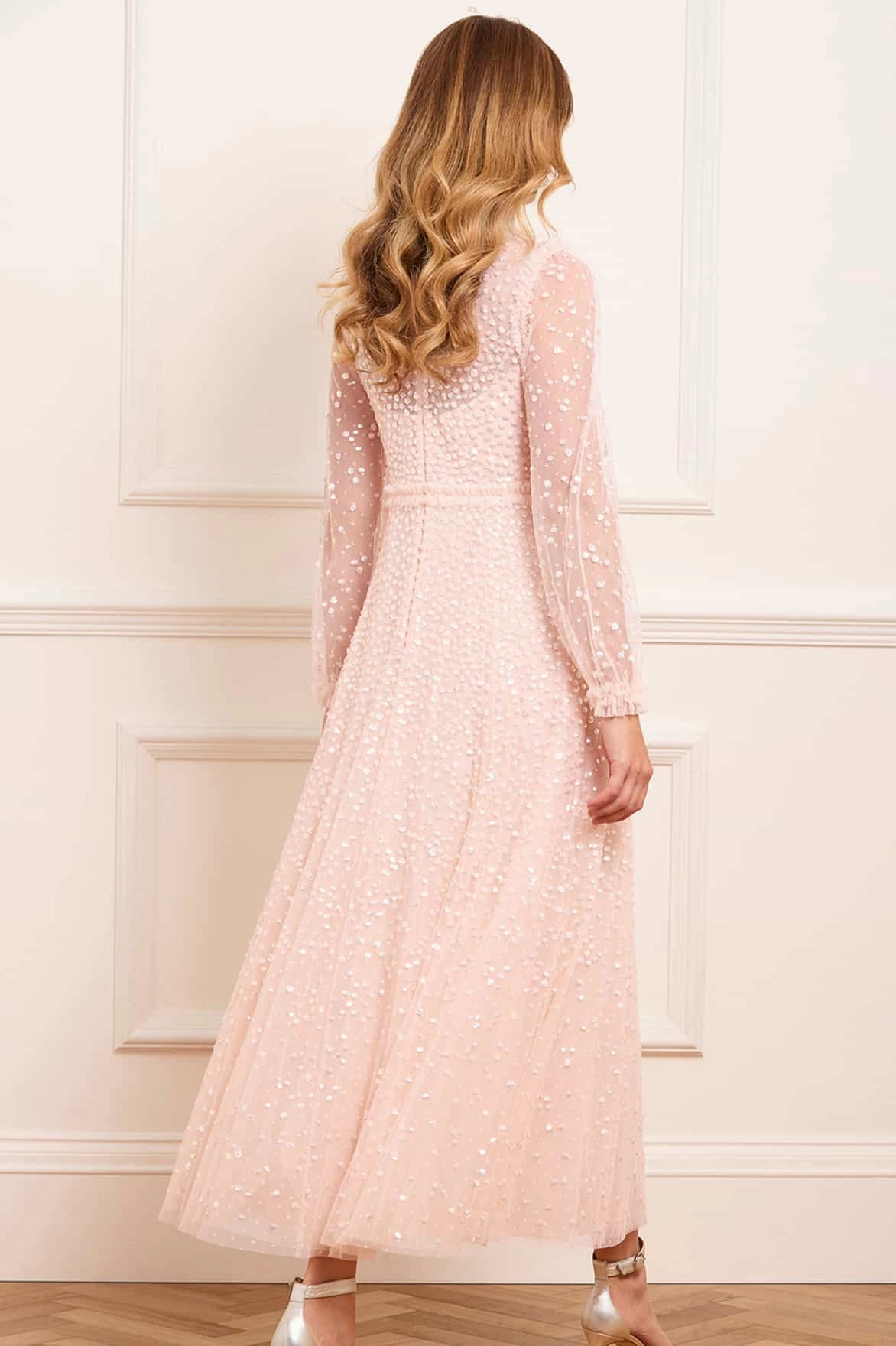 Dew Glow Dappled Sequin Long Sleeve Ankle Gown