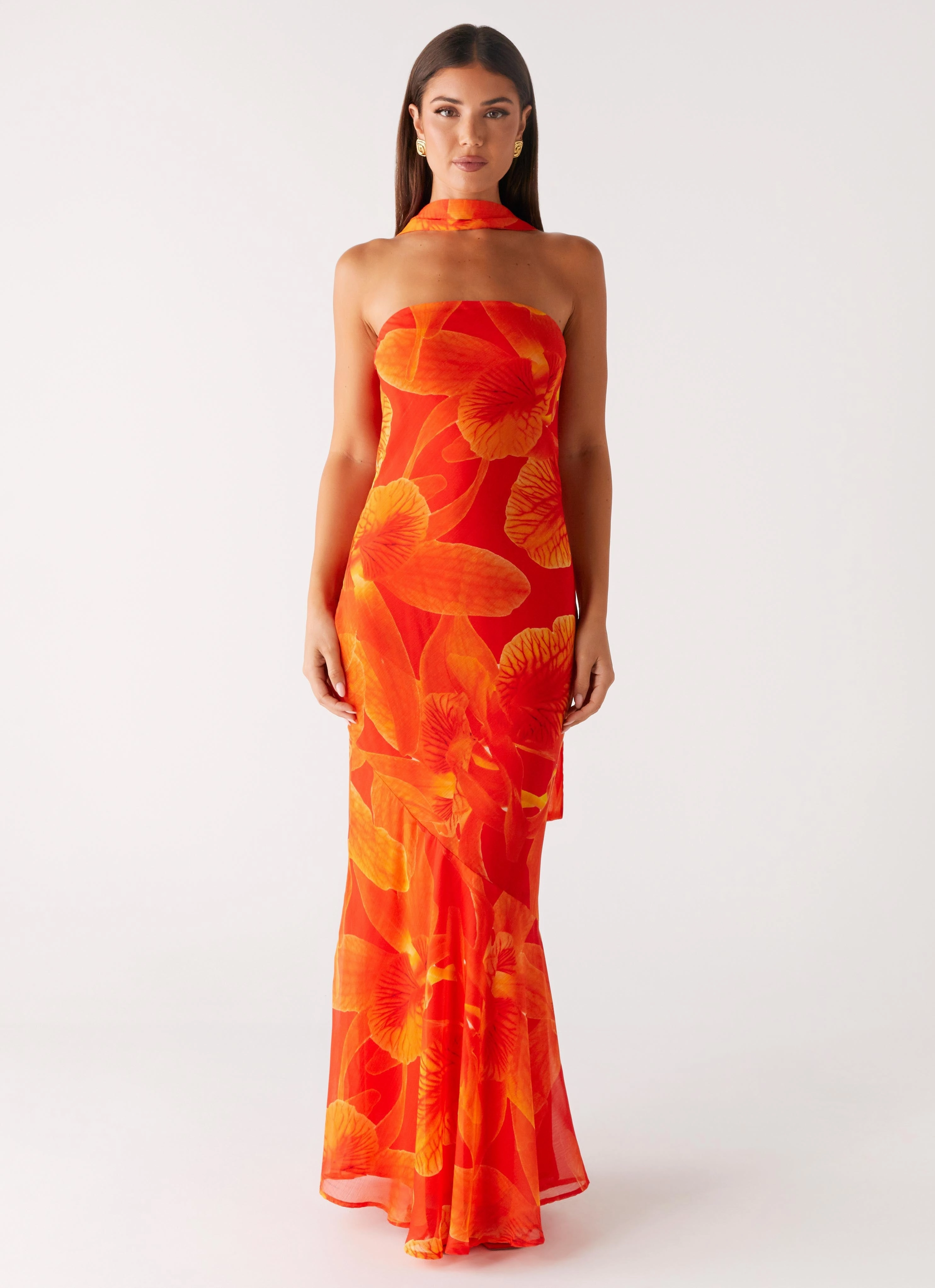 Gloss Finish Under The Pagoda Maxi Dress - Orange Floral