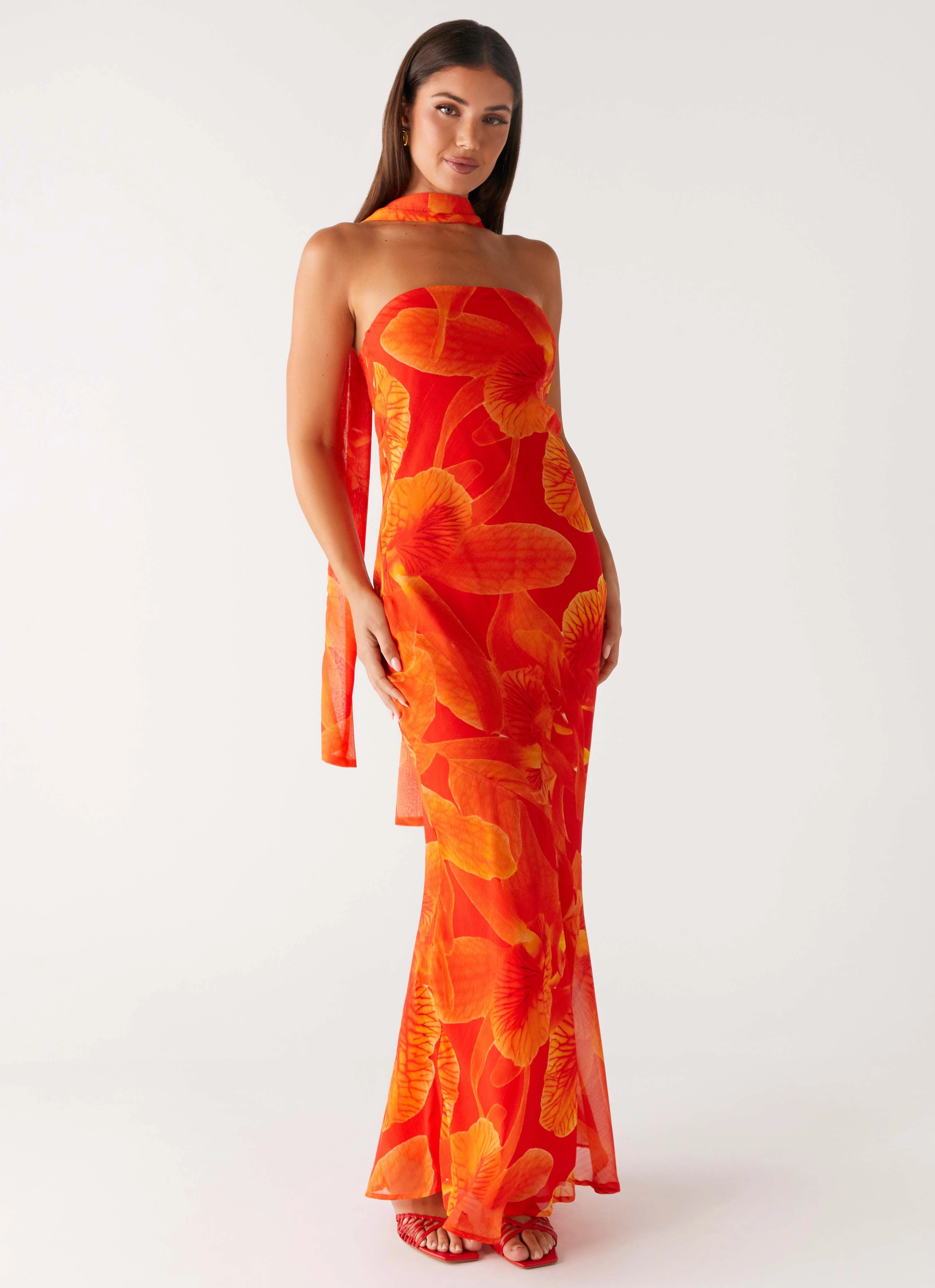 Under The Pagoda Maxi Dress - Orange Floral Sleeveless Cut
