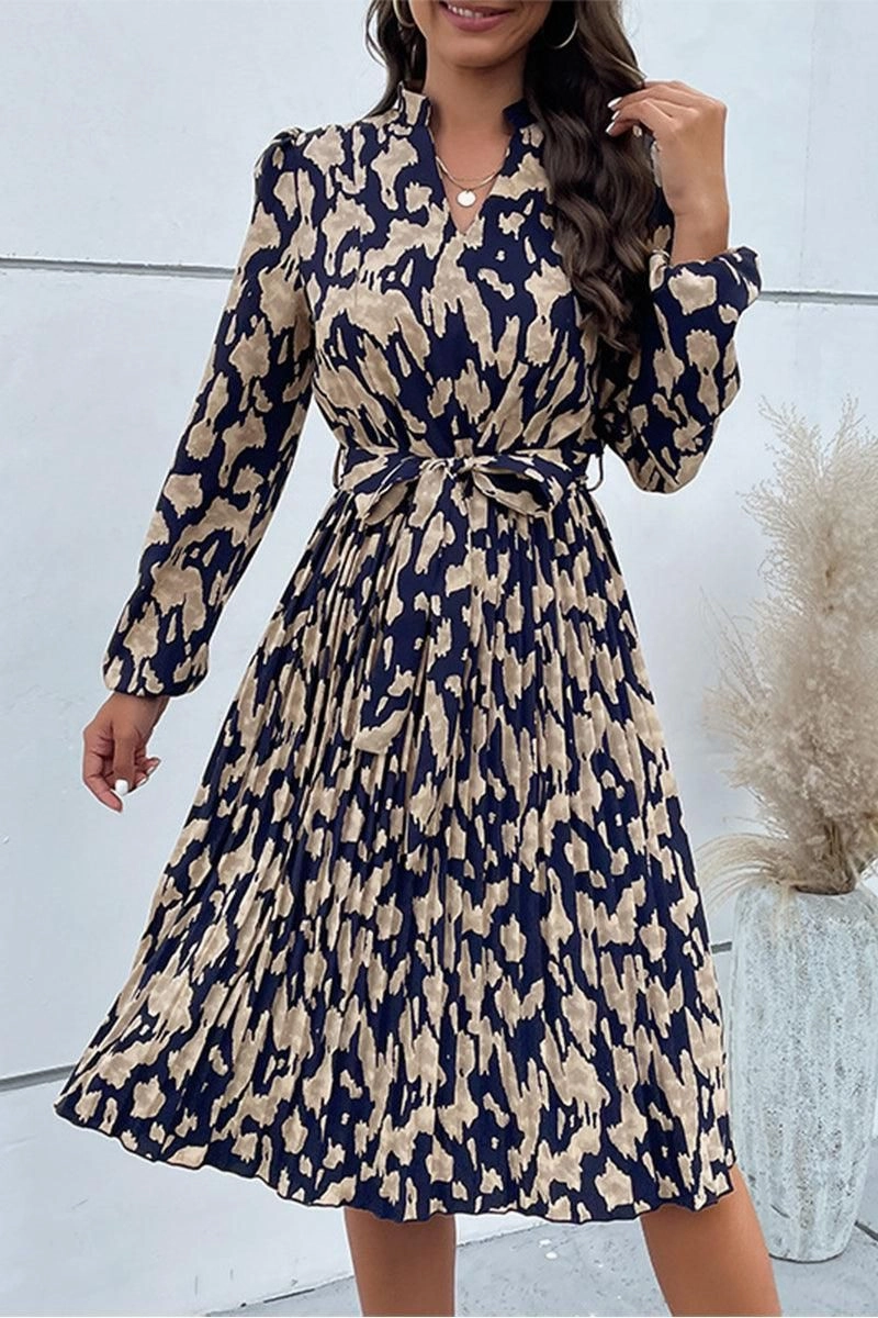 ELEGANT PATTERNED V NECK TIED WAIST DRESS Subtle Mood