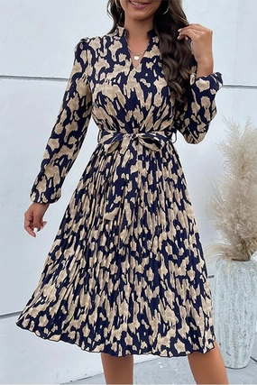 ELEGANT PATTERNED V NECK TIED WAIST DRESS Subtle Mood