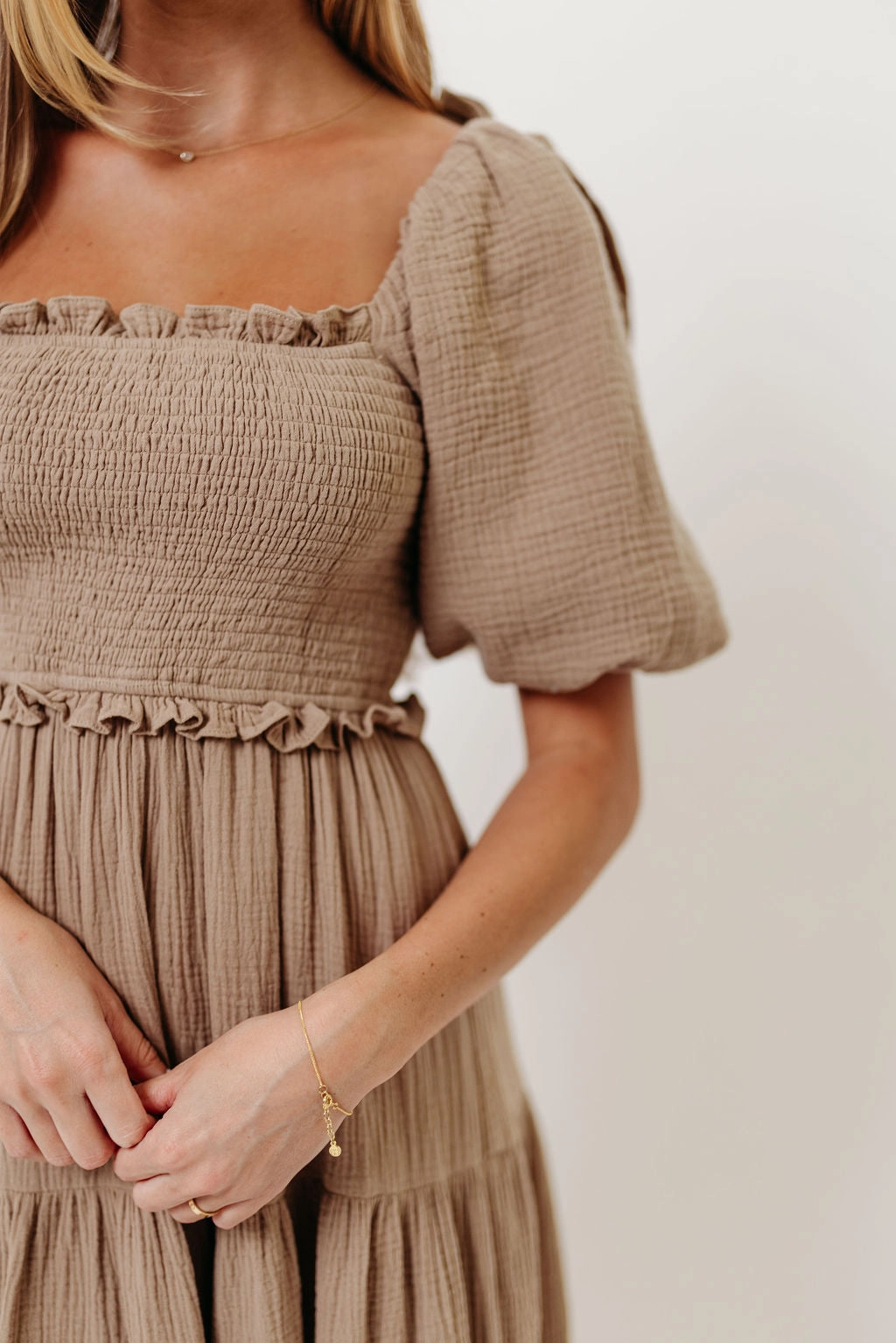 Delicate Finish Elena 100% Cotton Midi Dress in Mocha *10/6 PRE-ORDER*