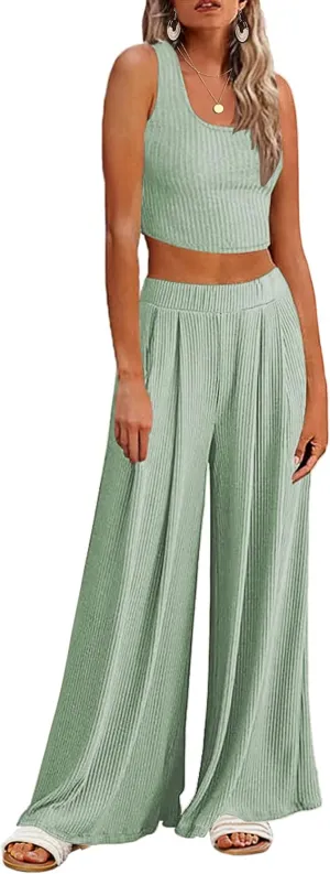 ELESOL 2 Piece Lounge Set Ribbed Knit Loungewear Sleeveless Tank Plus Sizes Sleepwear