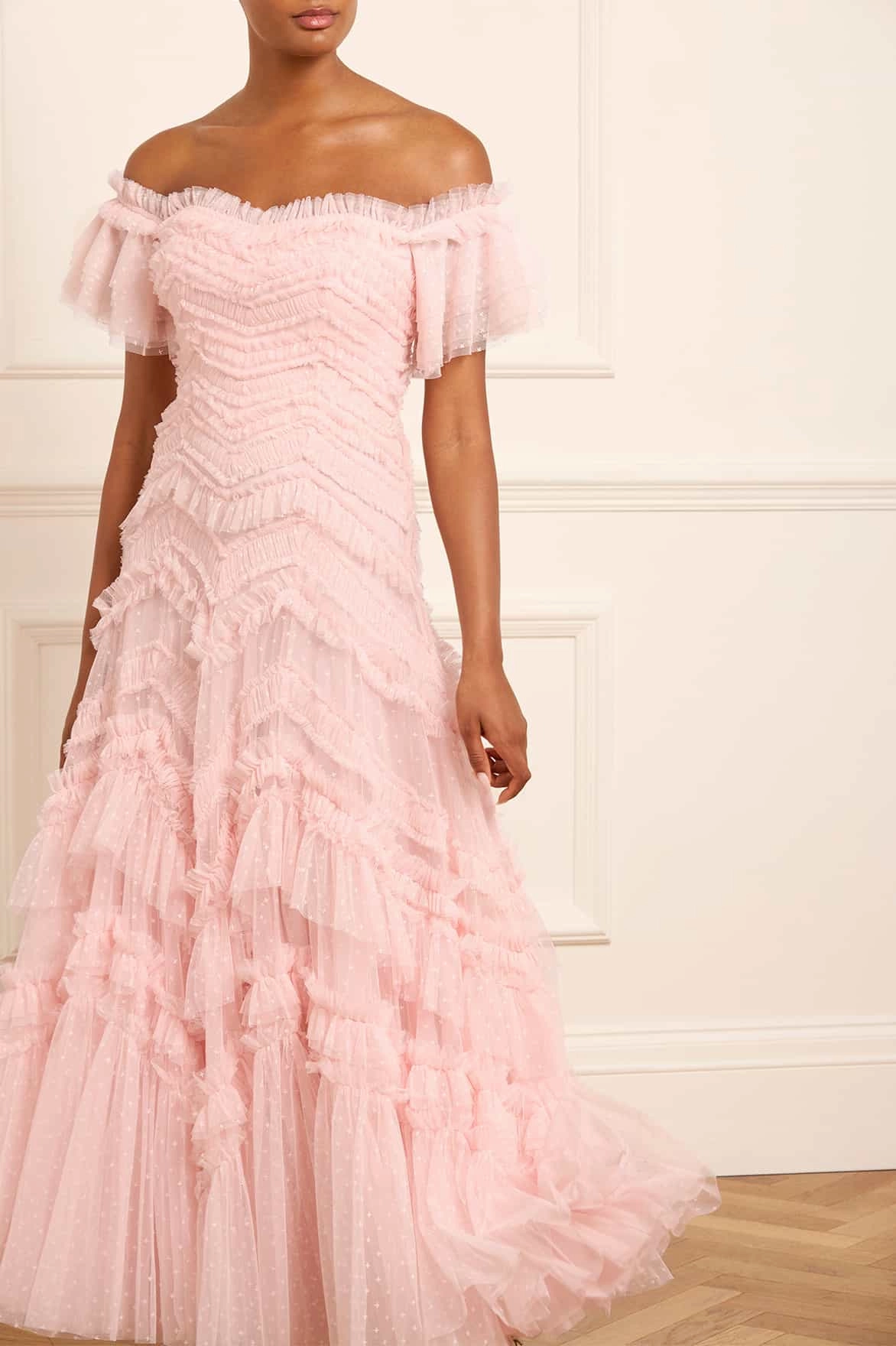 Boat-Neck Elia Off-Shoulder Gown