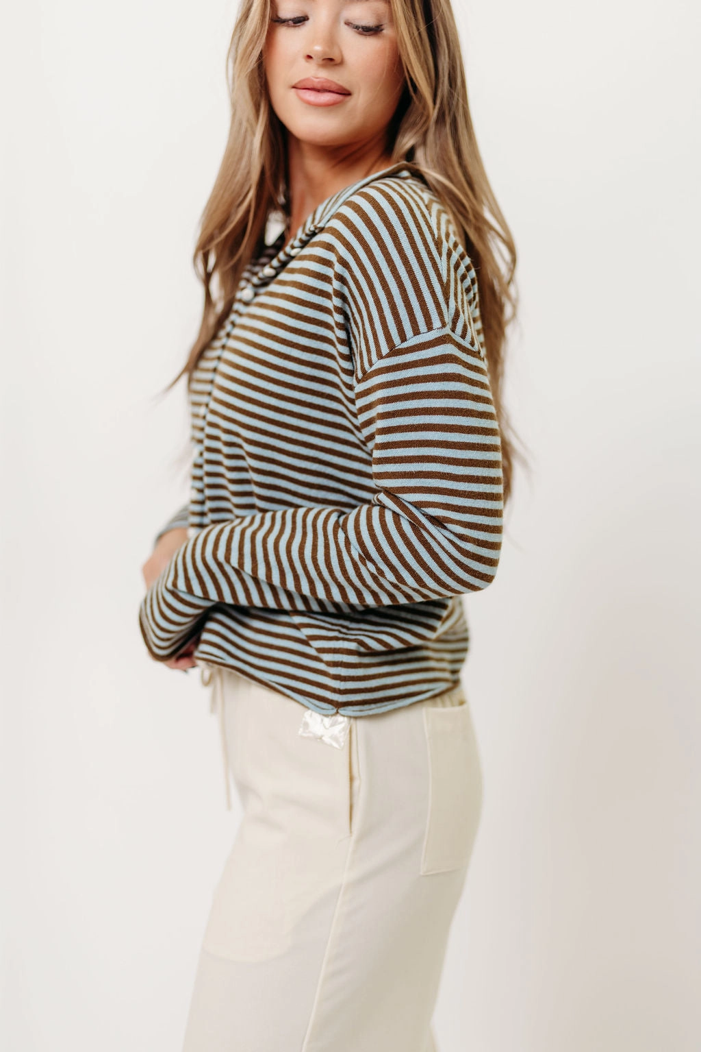 Flexible Waistband Elisa Cardigan Top in Blue/Brown